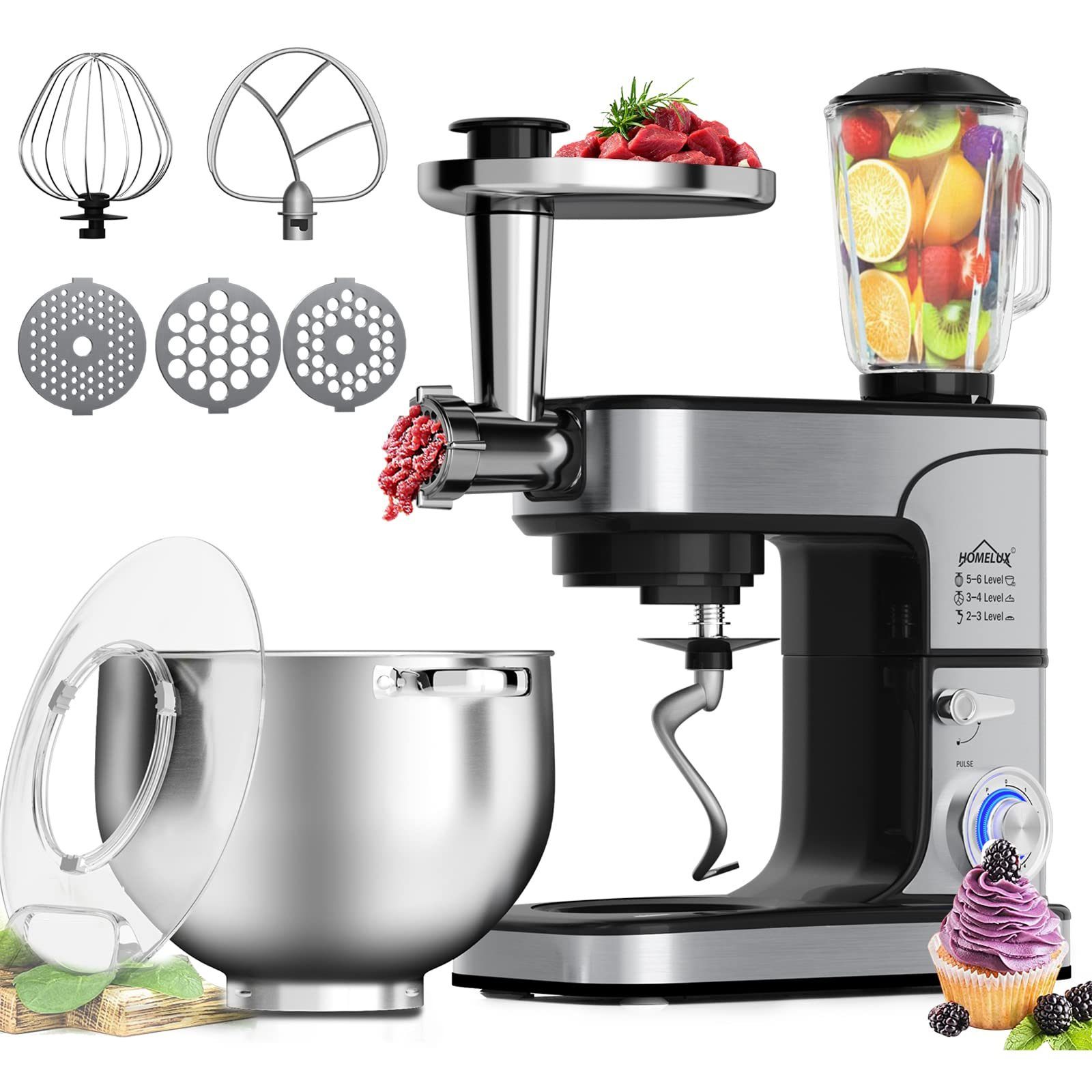 HOMELUX Küchenmaschine Knetmaschine, Teigmaschine,6 Geschwindigkeiten mit Edelstahlschüssel, 2500,00 W, 12,00 l Schüssel, inkl 6-Teiligem Patisserie-Set und Spritzschutz