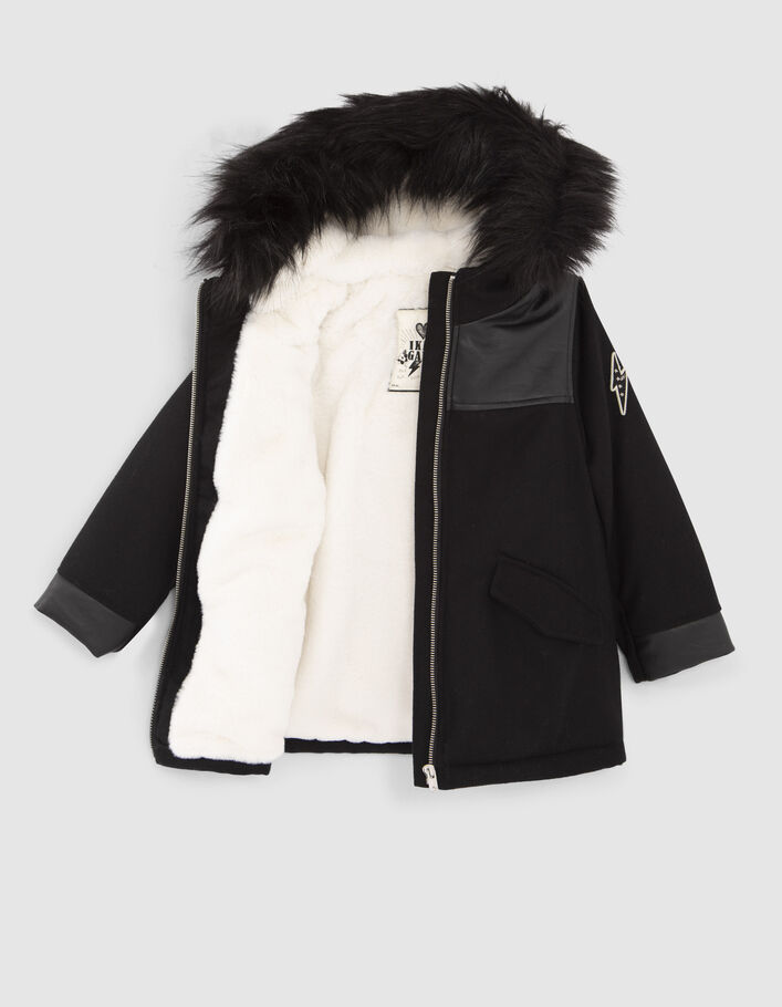 Manteau noir bi matière fourré fille