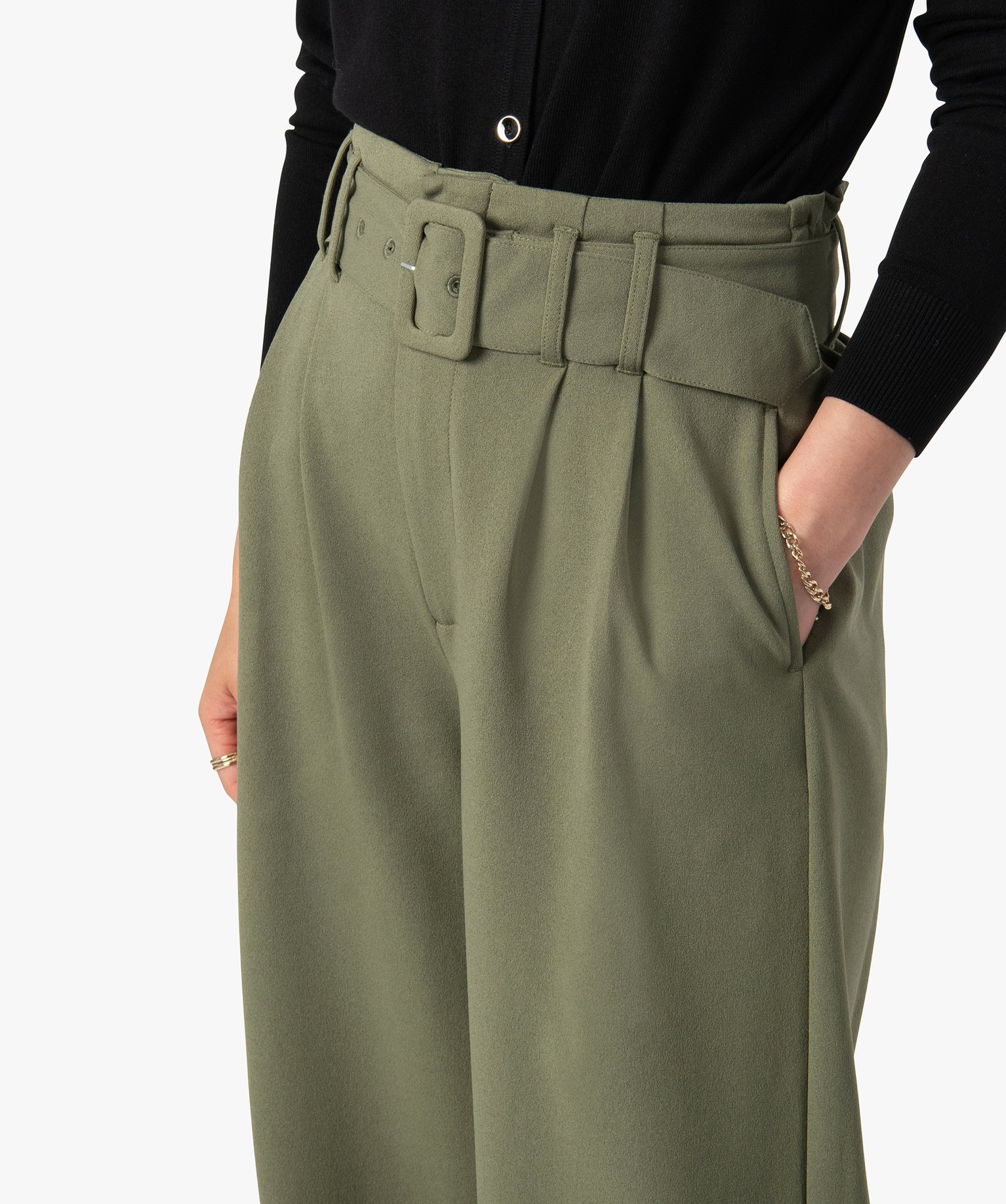 Pantacourt femme taille haute avec ceinture à boucle kaki | GEMO