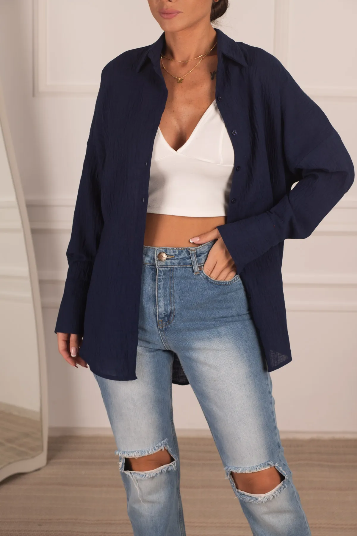 armonika  Marineblaues, übergroßes, strukturiertes Leinen-Look-Hemd mit breiten Manschetten für Damen, Arm-24k001001