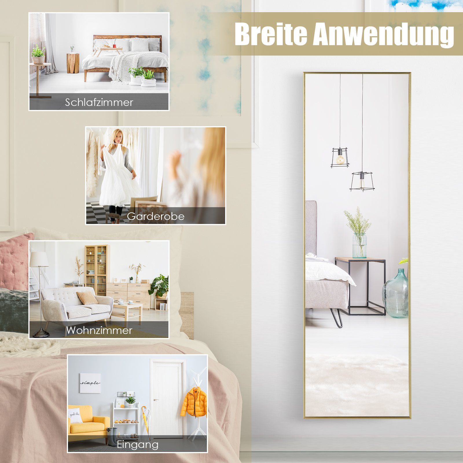 COSTWAY Wandspiegel, Ganzkörper, 37x120cm, höhenverstellbare Hängehaken, Alu