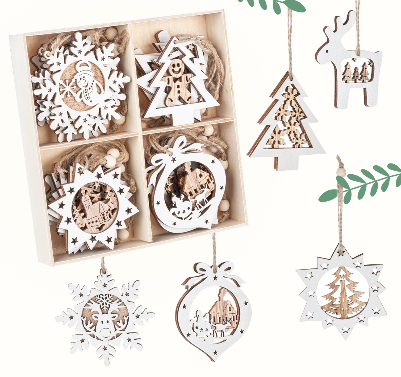 Homewit Christbaumschmuck Weihnachtsbaum Anhänger Holz Weihnachtsanhänger mit Juteseil (20-tlg), für Dekoration & Christbaumanhänger