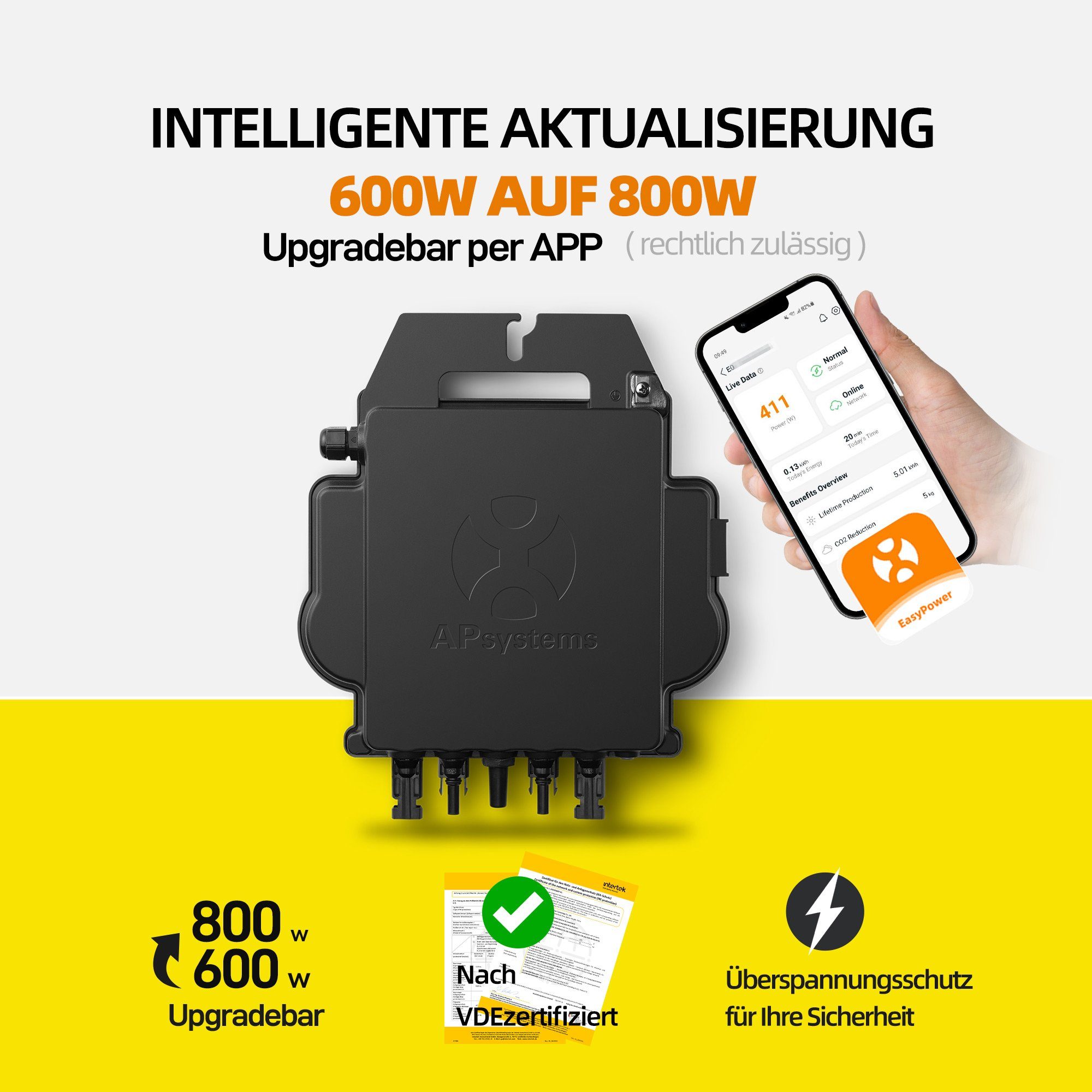 E.For.U Solarmodul Balkonkraftwerk 820W/800W KomplettSteckdose, 800,00 W, Mini-Solaranlage, (0% MwSt., Wechselrichter Upgradebar 600W auf 800W - WiFi Fernüberwachung), Mini-Solaranlage mit 2x Halterungen