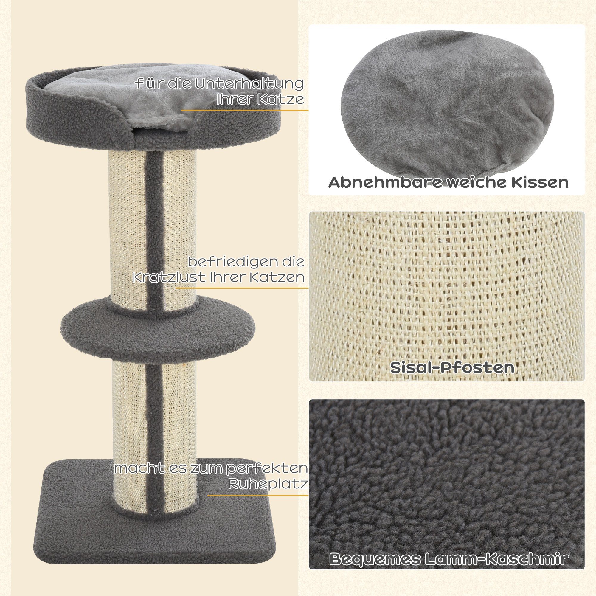PawHut Kratzbaum Katzenbaum Spielbaum Kratzstamm mit Plattform, Sisal, Plüsch, Grau, 45L x 45B x 91H cm