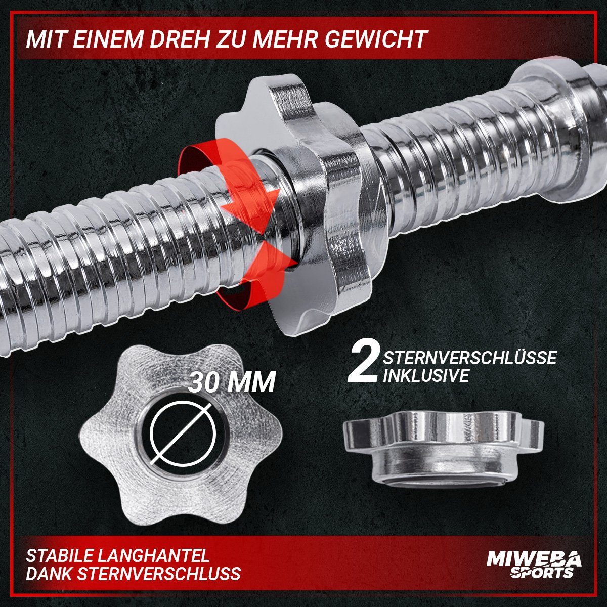 Miweba Sports Langhantelstange Profi Langhantel Stange LH100 inkl. Sternverschlüsse, Stahl, 120,00 cm (Workout, Training, Ganzkörpertraining, Muskelaufbau, Krafttraining, 3-tlg., Ø30mm, 120.0 x 6.7 x 6.7 cm, 230 kg max. Belastung, Stahl, gerändelt),