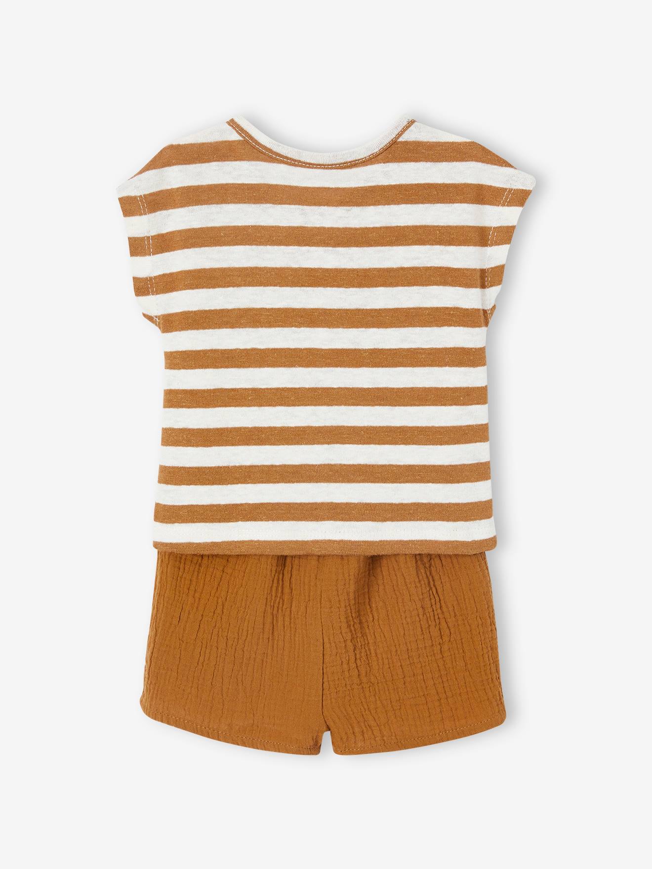 Ensemble bébé T-shirt rayé et short uni caramel