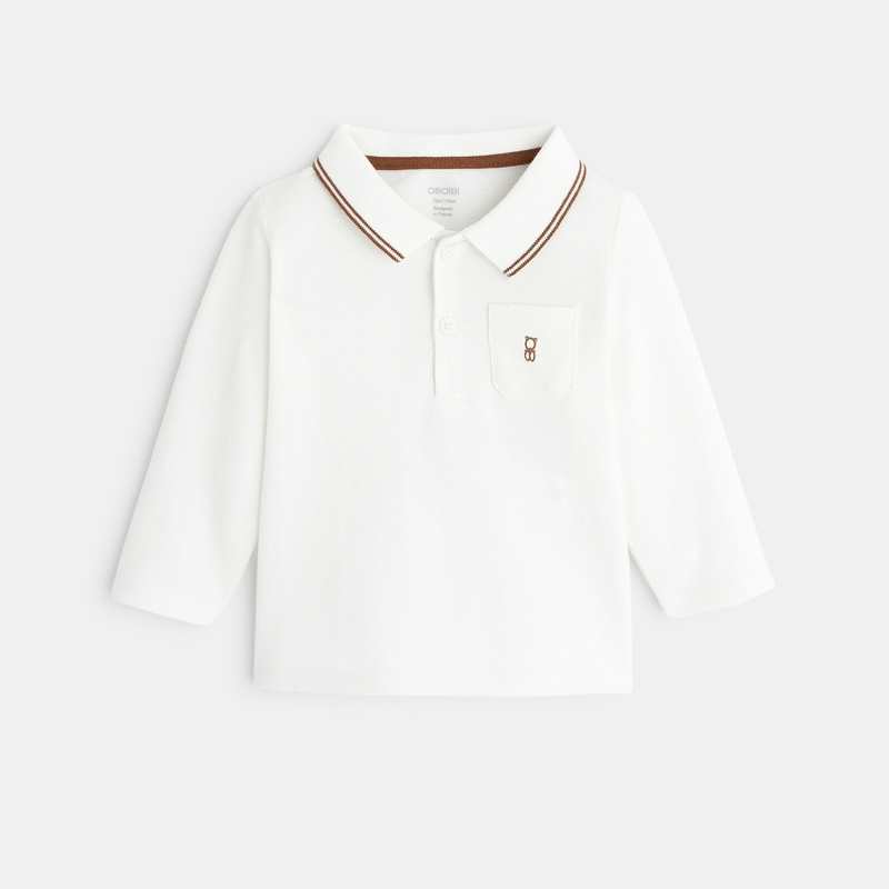 Polo piqué uni manches longues blanc bébé garçon