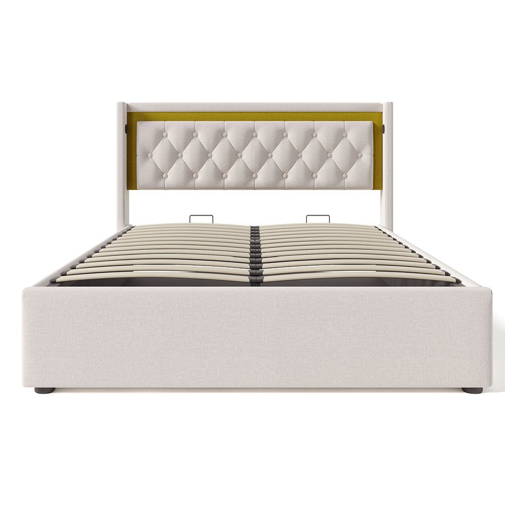 PHOEBE CAT Polsterbett (140x200cm Hydraulisches Doppelbett mit Lattenrost und LED-Beleuchtung), Stauraumbett mit USB Typ C Ladefunktion Kopfteil, Baumwolle-Leinen