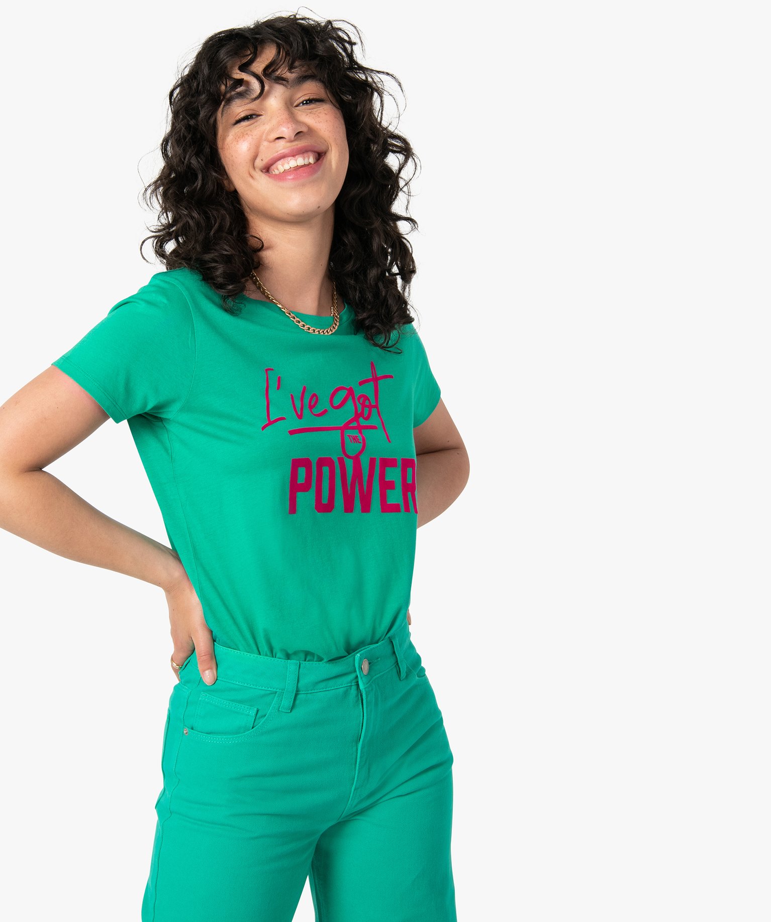 Tee-shirt femme à manches courtes avec inscription vert | GEMO
