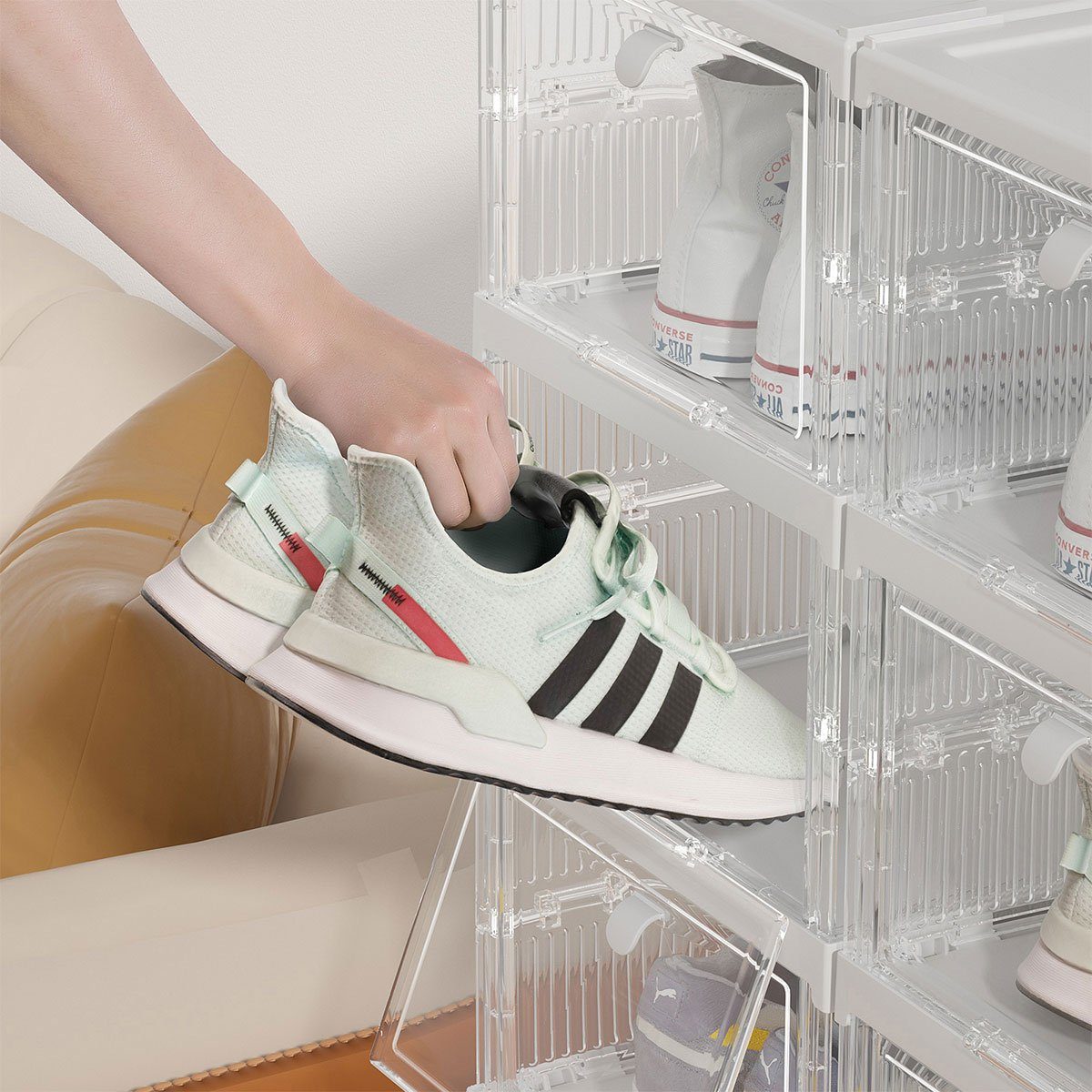 MULISOFT Schuhbox Schuhboxen 6er Set, stapelbare Schuhorganizer Aufbewahrungsbox, Kunststoffboxen mit durchsichtiger Tür, Schuhaufbewahrung