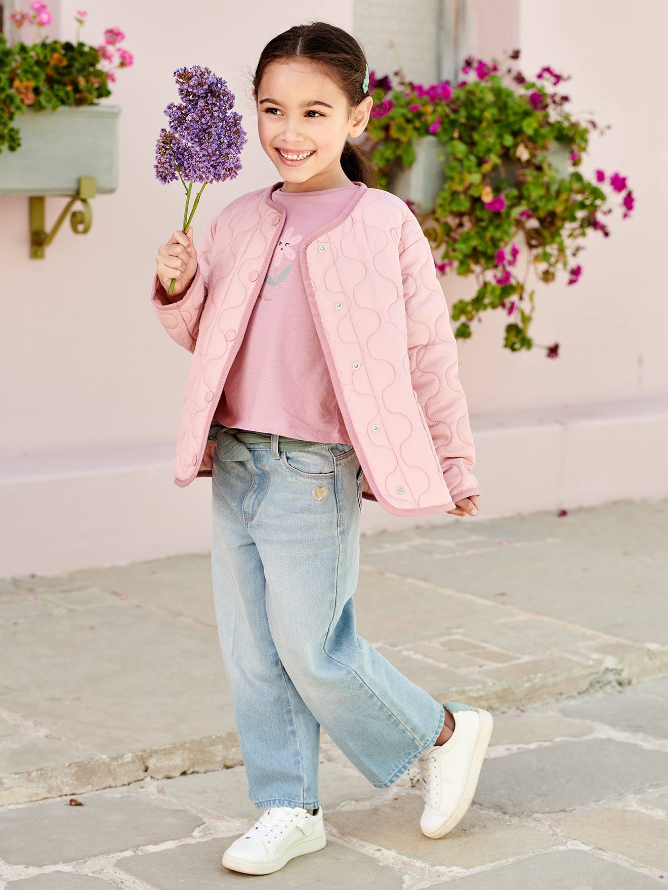 Jean large et sa ceinture en gaze de coton fille longueur chevilles stone