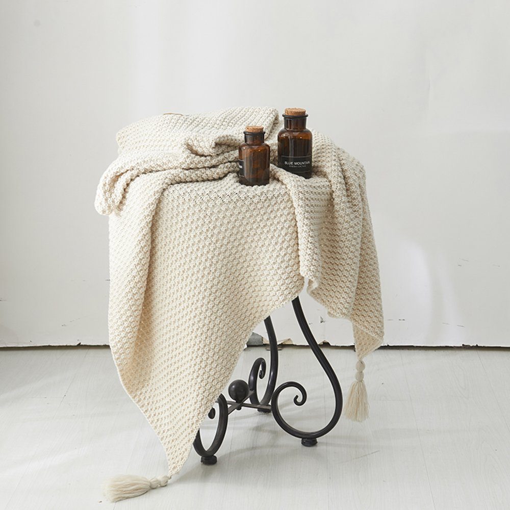 Wohndecke Kuscheldecke Gestrickte Strickdecke,Sofadecke,Tagesdecke, BTTO, Quasten,Weich,Warm,für Bett Sofa und Couch