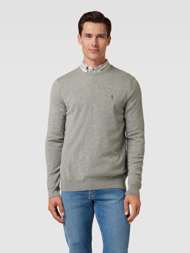 Strickpullover aus Wolle mit Logo-Stitching in mittelgrau meliert