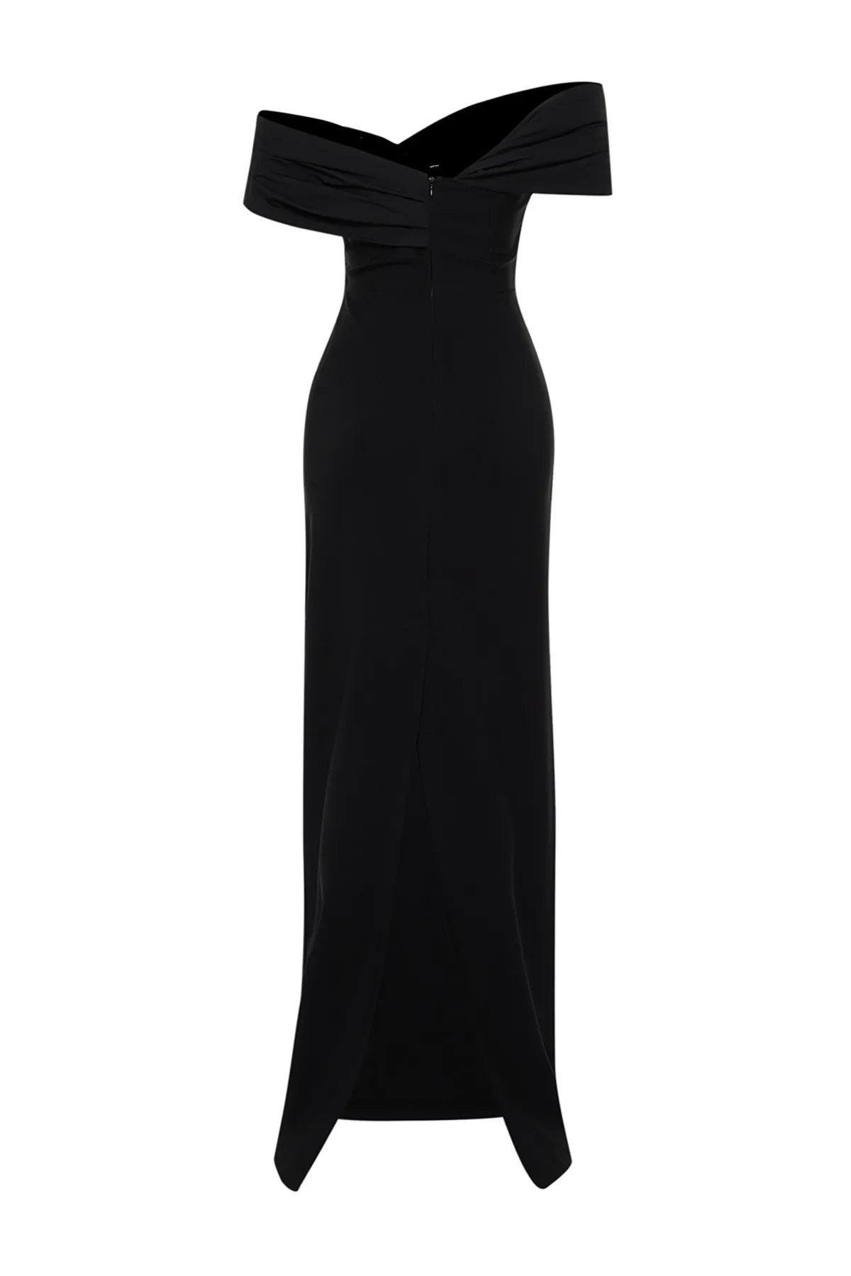 Trendyol Collection  Schwarzes, figurbetontes langes Abendkleid aus Popeline mit asymmetrischem Kragen und Details TPRSS24AE00084