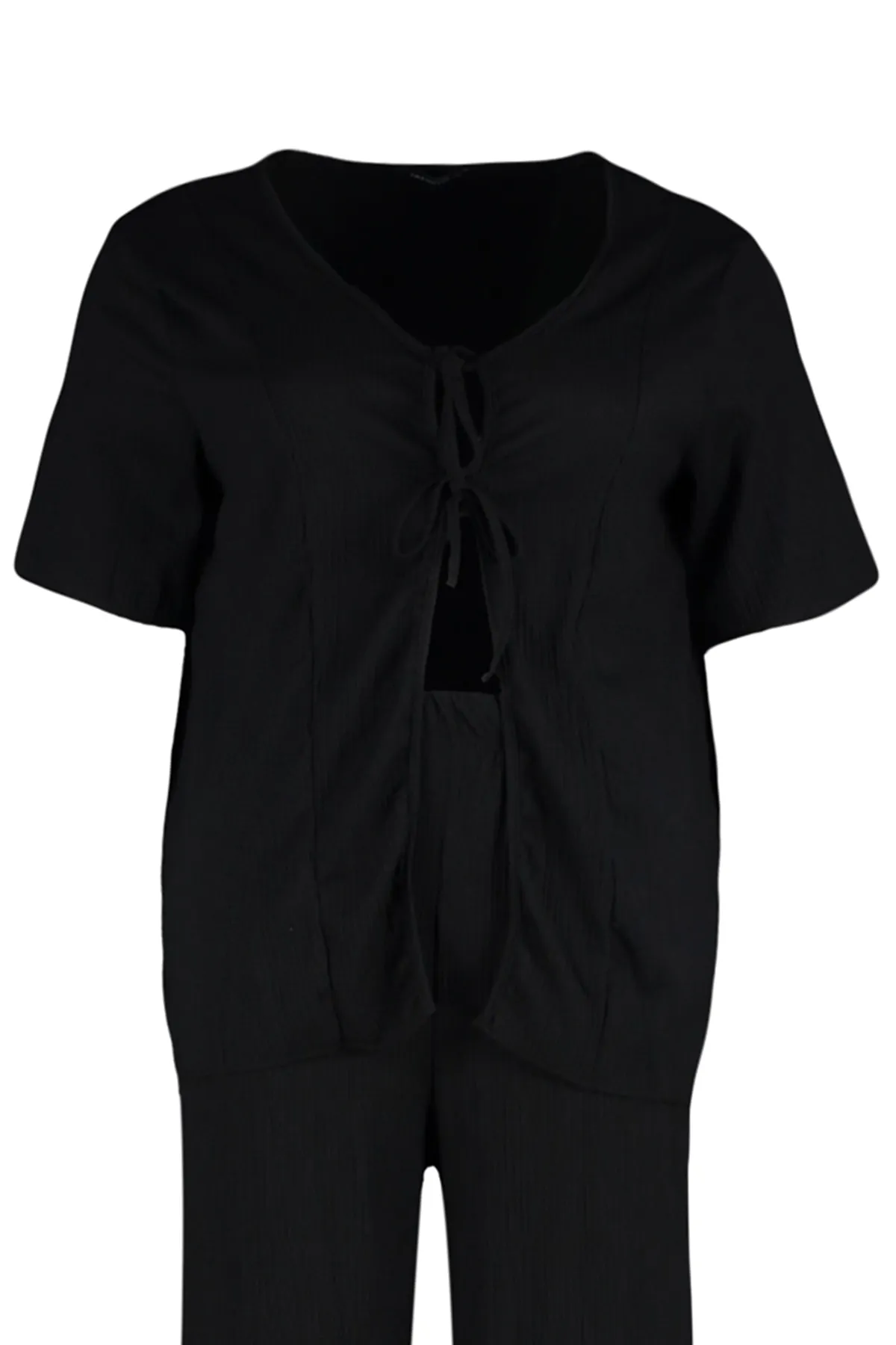 Trendyol Curve  Schwarzes, detailliertes Strick-Ober- und Unterteil-Set mit Schnürung TBSSS23CP00002
