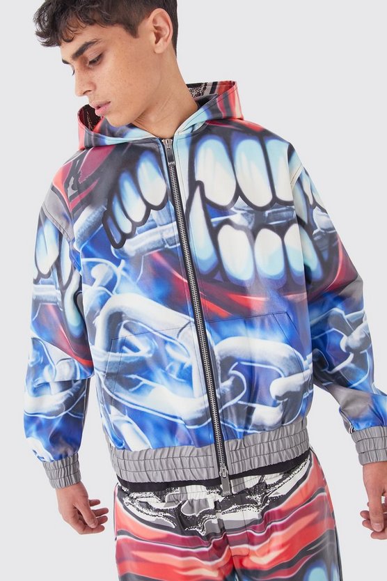 Kastiger Oversize PU-Hoodie mit Print