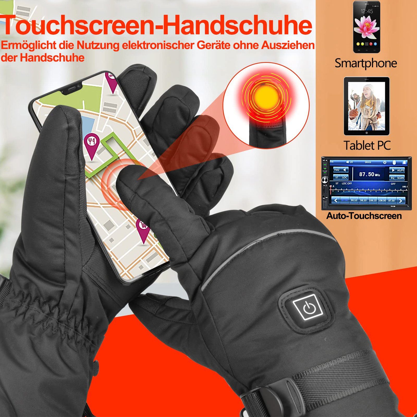 Rosnek Elektriker-Handschuhe Beheizt, 3 Stufen, wasserdicht, für Jagd Wandern Ski Winterarbeit (1 Paar) Touchscreen, Batterie