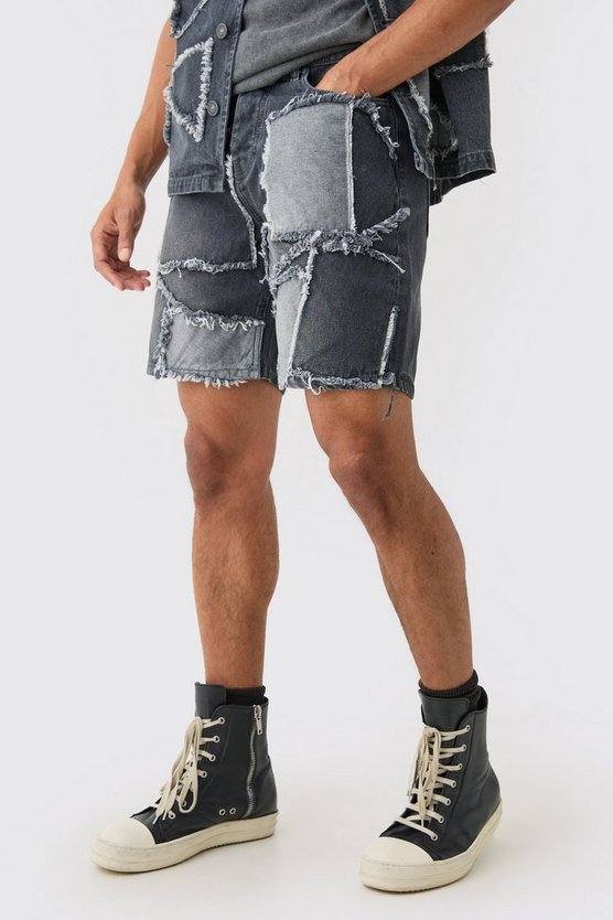 Zerrissene lockere Patchwork Jeansshorts in Grau