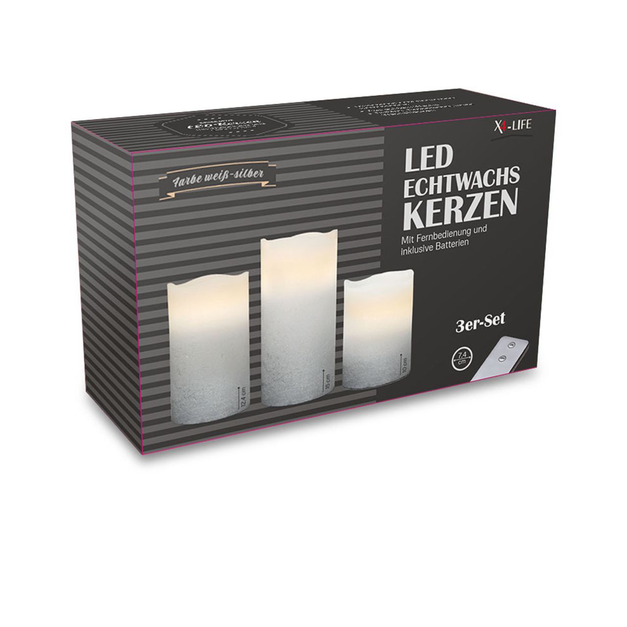 X4-Life X4-LIFE LED Echtwachskerzen mit Wellenrand und Silberverlauf 3er Set inkl. Fernbedienung