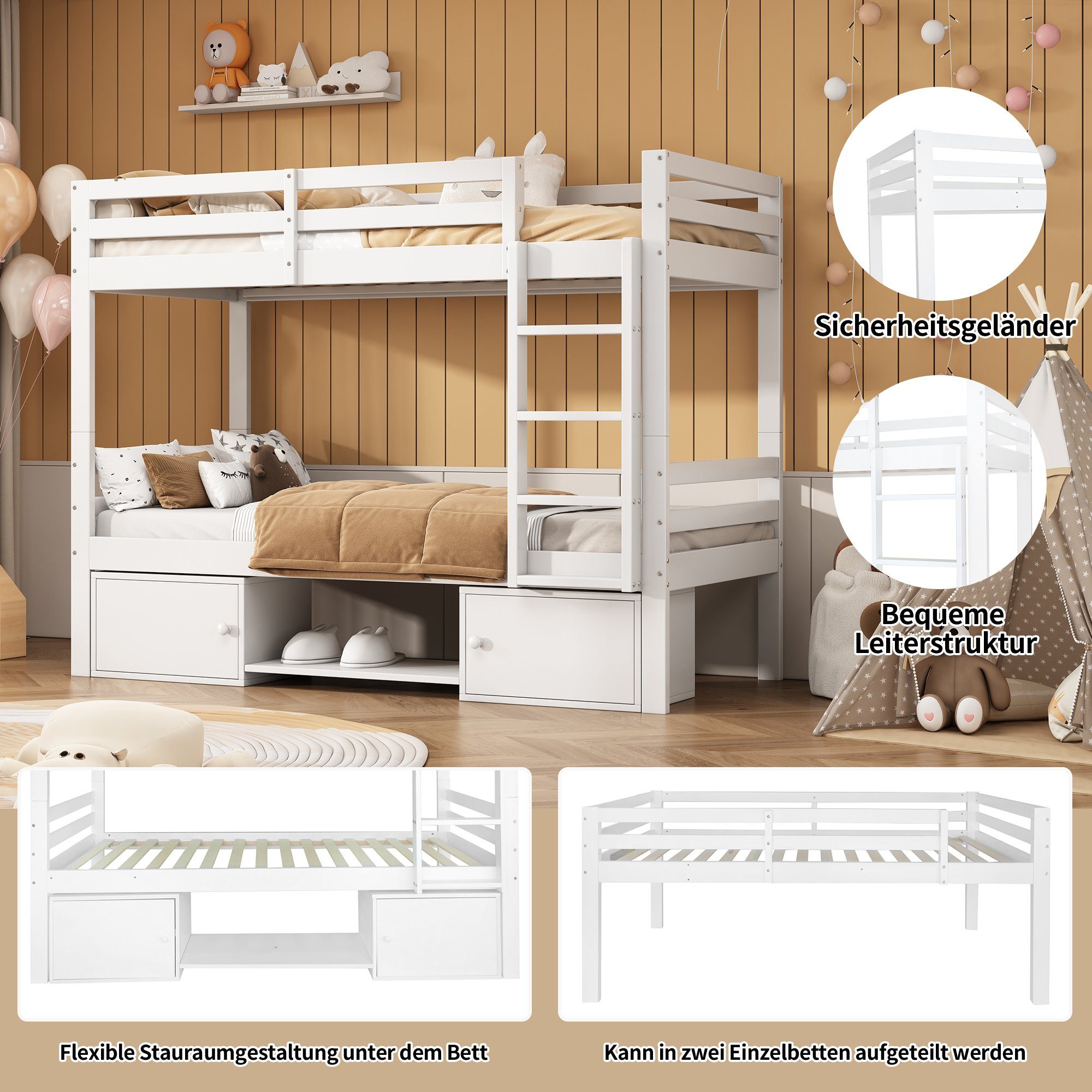 OKWISH Etagenbett Holzbett Tagesbett (Kinderbett mit Schuhregale und Schließfächer, Bett aufgeteilt in 2 Einzelbetten, Jugendbett, Einzelbett 90x200cm), ohne Matratze