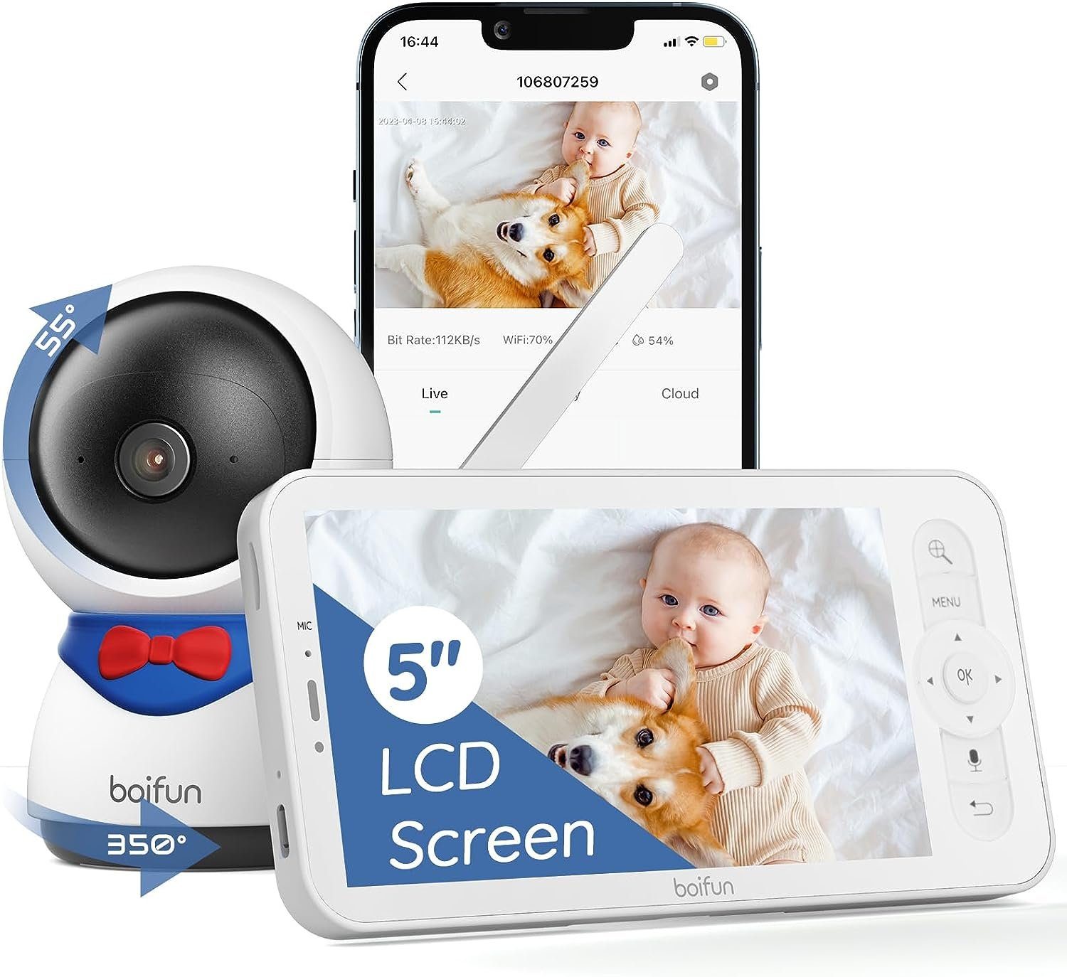 Boifun Babyphone 5 Zoll LCD-Display Babyfon Babyphone mit Kamera App, Automatisches AI-Tracking, Zonenalarme,SD-Karte & Cloud-Speicher,Automatische Verfolgung, 1080P PT 350°/55°,Bewegungs/Geräuscherkennung,Aufnghme & Screenshot, 4×Zoom Bewegungs/Gerä