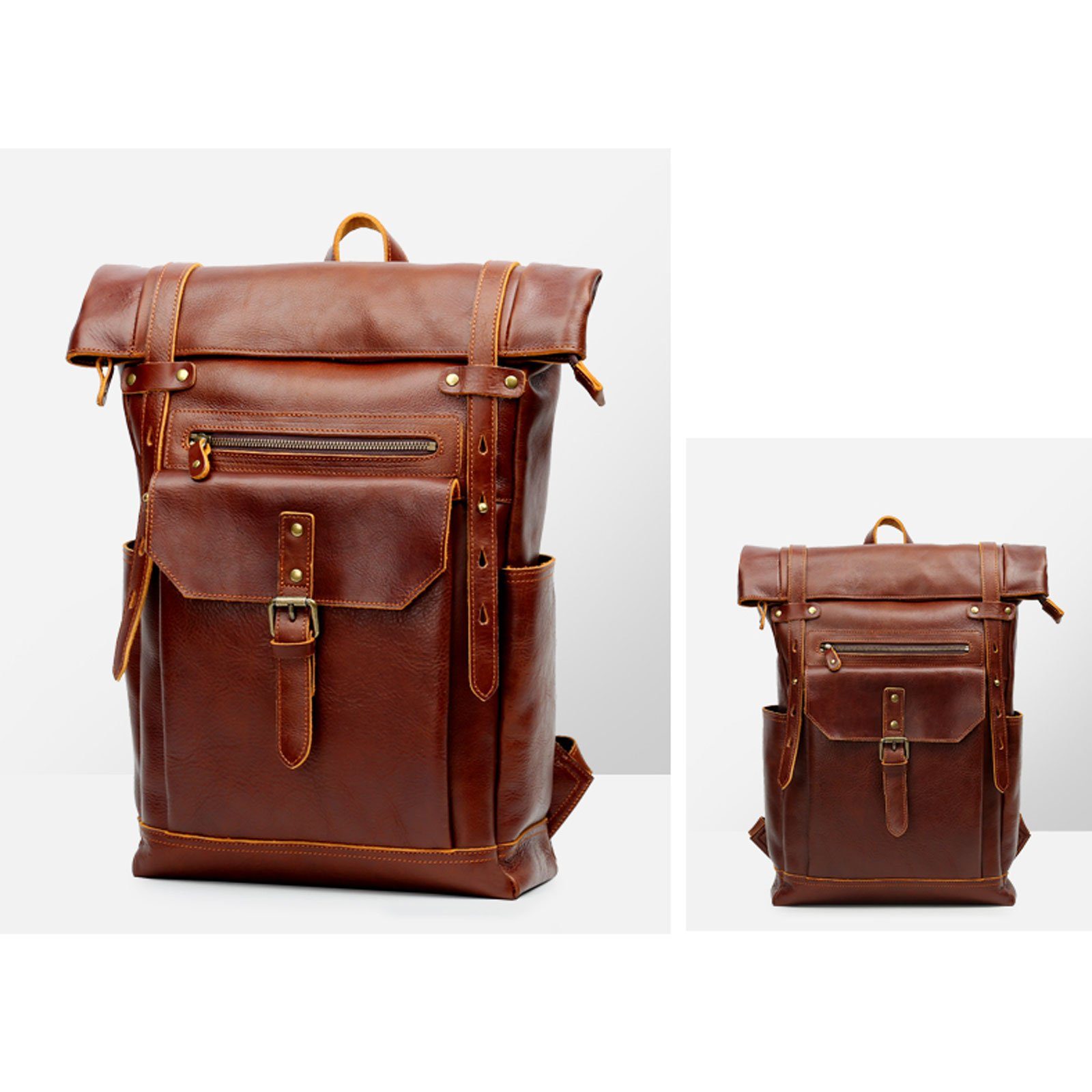 OKWISH Laptoprucksack Rucksack Schulrucksack Lederrucksack Reiserucksack Schultertasche (Vintage Echtes Leder Notebook Laptop Tasche Schule Uni Rucksack, Backpack mit Laptopfach, luxuriös, Luxus, Echtleder), für Herren Damen Jungen Teenager Freizeit
