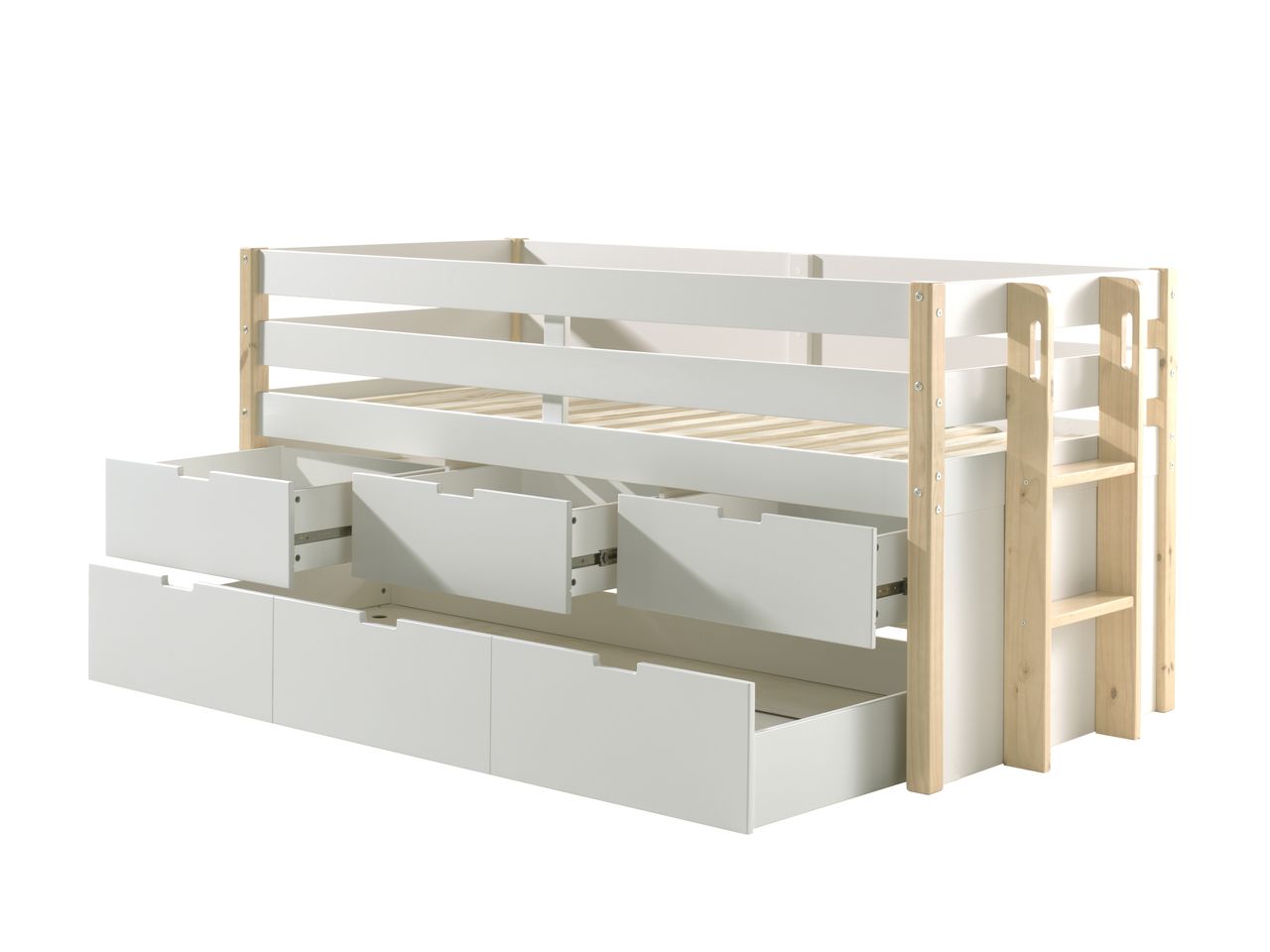 VIPACK Halbhohes Margrit Bett mit Rolllattenrost, Liegefläche 90 x 200, inkl. 3 Schubladen, inkl. Bettschublade auf Rollen, Ausf. Weiß lackiert, Bettpfosten Kiefer natur lackiert