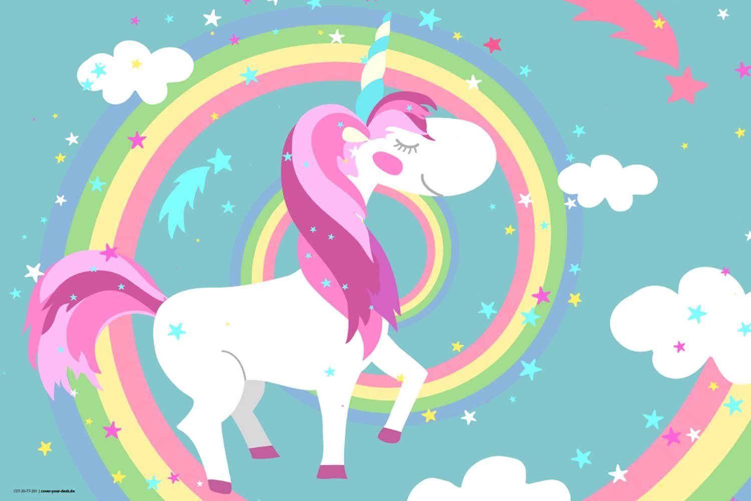 cover-your-desk.de Schreibtischaufsatz Schreibtischunterlage für Kinder – Einhorn mit Regenbogen – 60 x 40 cm – aus hochwertigem Vinyl, (1-St)