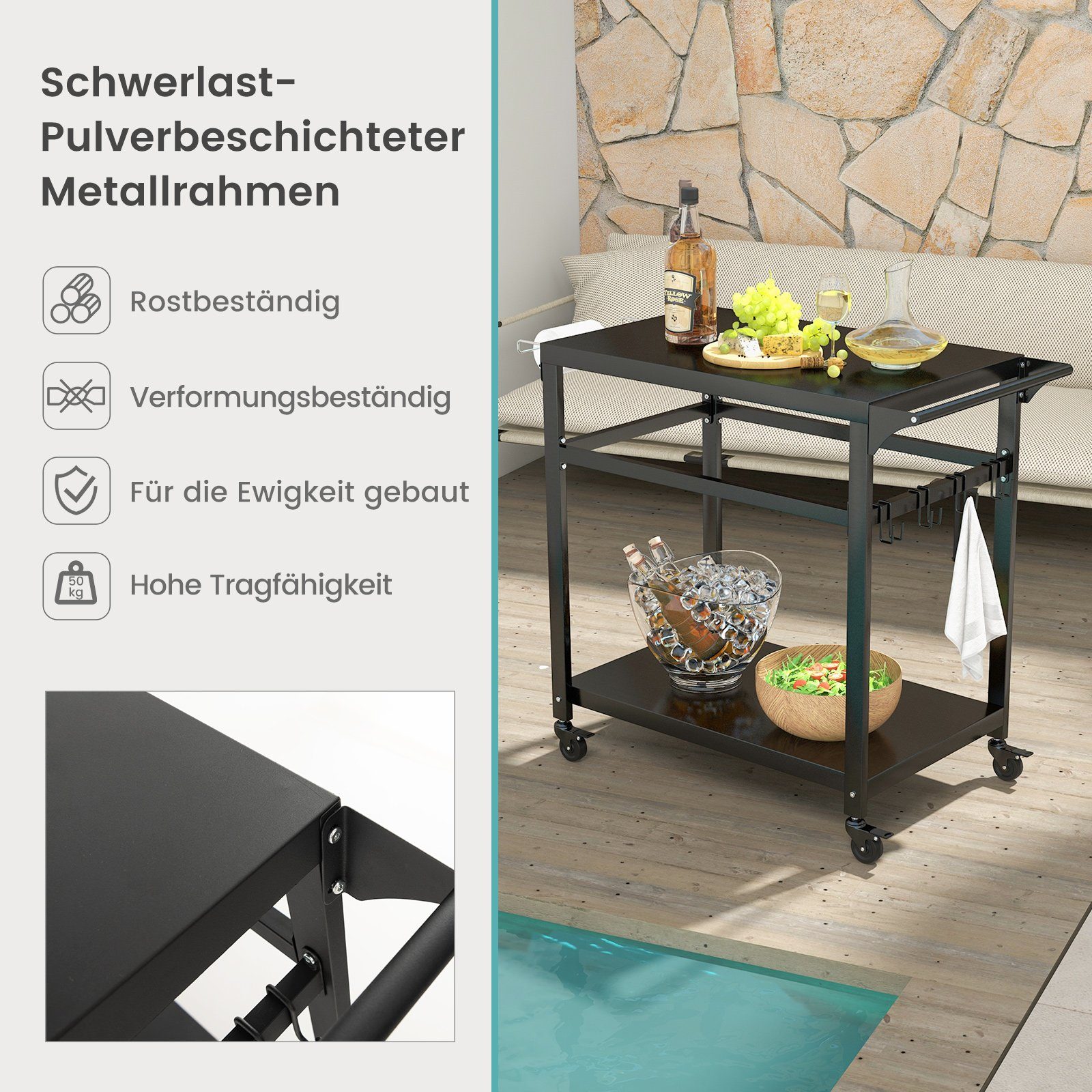COSTWAY Grillablagetisch, mit 2 Ablagen, 4 Rollen & Haken, 108x50,5x88cm