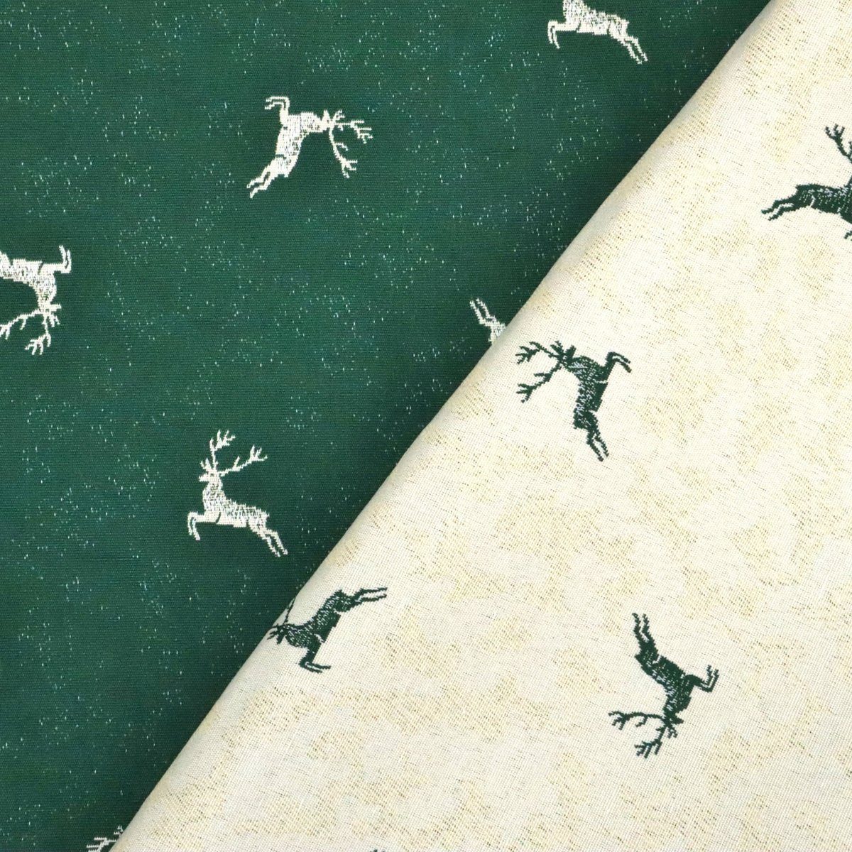 Stofferia Stoff Dekostoff Jacquard Weihnachten Hirsch Grün, Breite 140 cm, Meterware