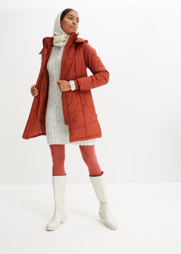Long-Steppjacke, wattiert mit Kragen und Kapuze