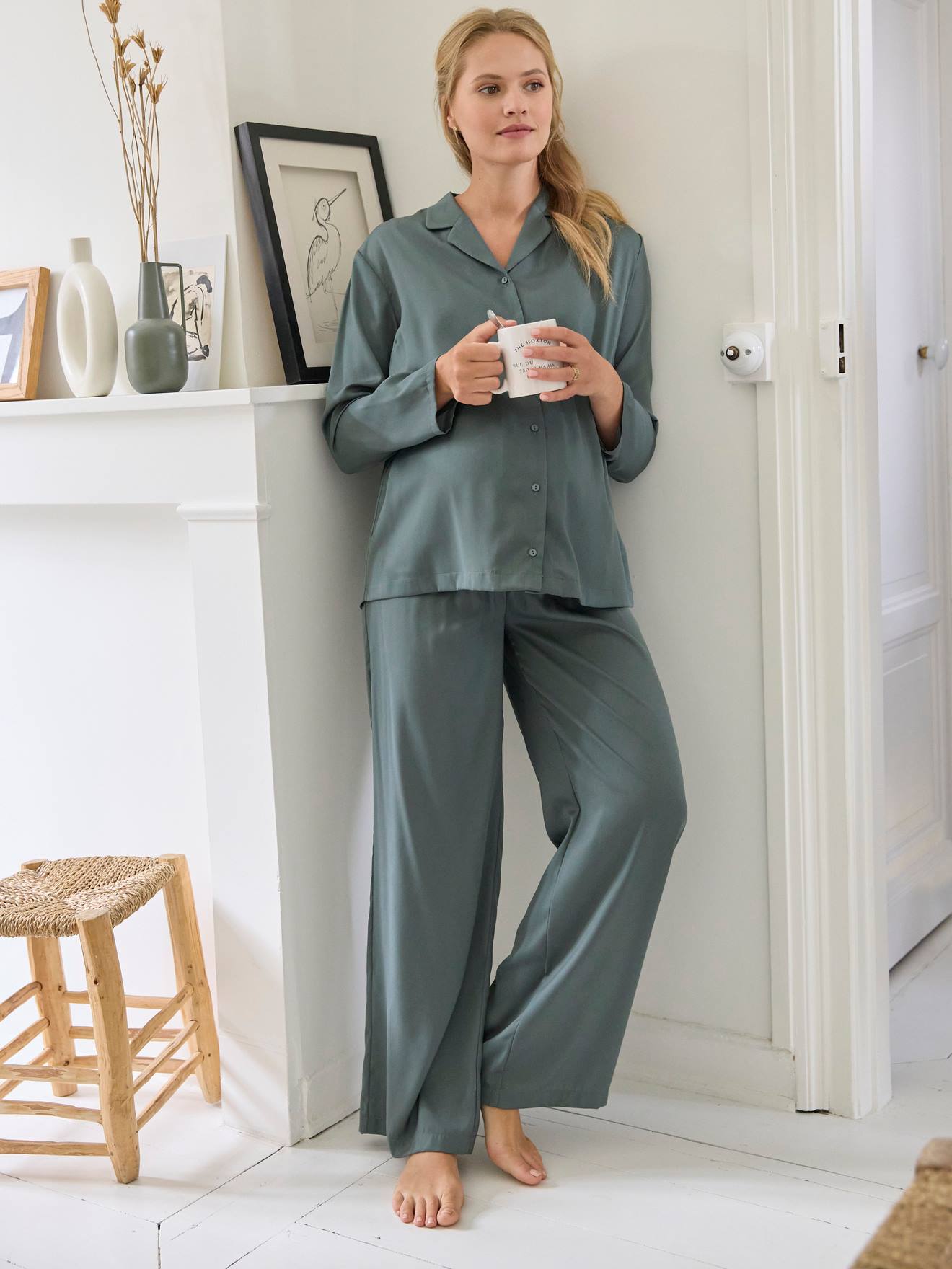 Ensemble 2 pièces pyjama satin grossesse et allaitement gris ardoise