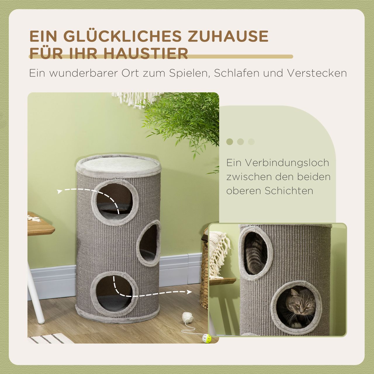 PawHut Kratztonne, Katzenkratzbaum mit 3 Höhlen, Spieltonne für Katzen, Hellgrau