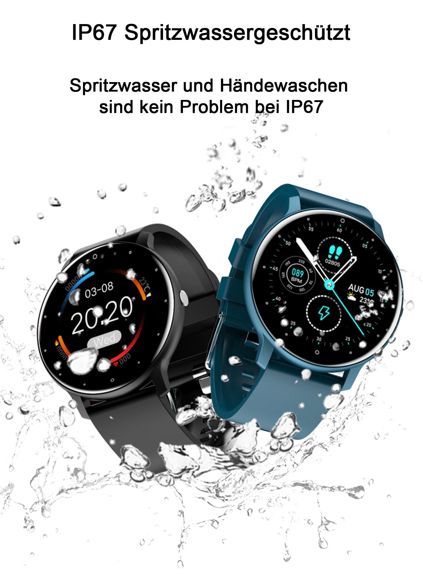 TPFNet SW01 mit individuell einstellbarem Display Smartwatch (Android), Armbanduhr mit Musiksteuerung, Herzfrequenz, Schrittzähler, Kalorien, Social Media etc., Blau