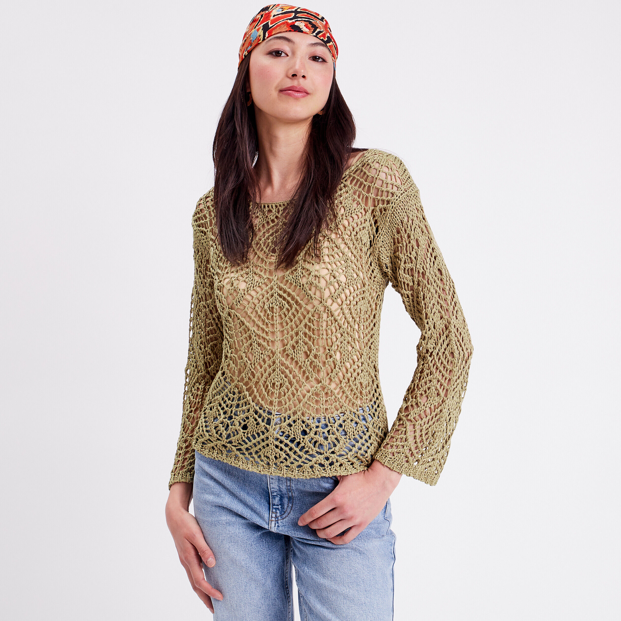 Pull crochet manches longues vert kaki femme | Cache Cache