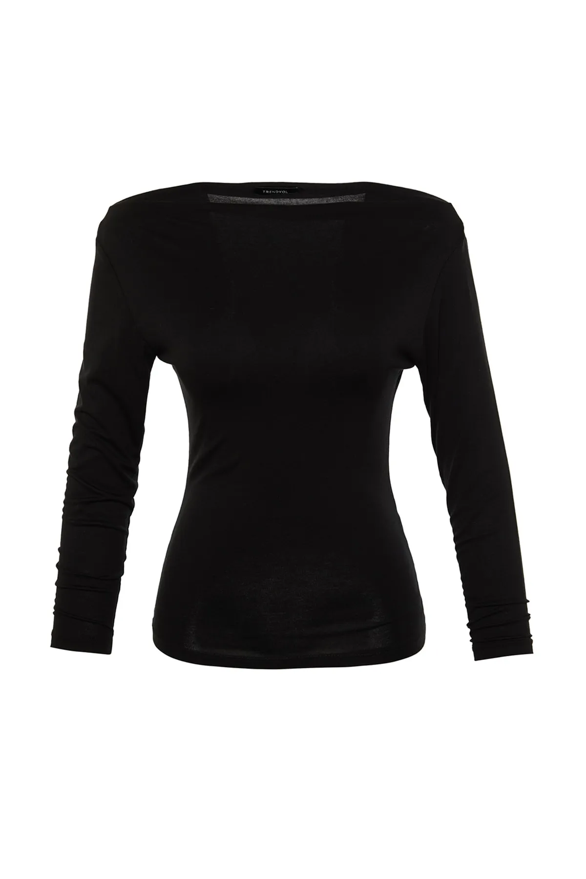 Trendyol Collection  Schwarze, langärmelige, dehnbare Viskose-Strickbluse mit Bateau-Ausschnitt TWOAW21BZ0106