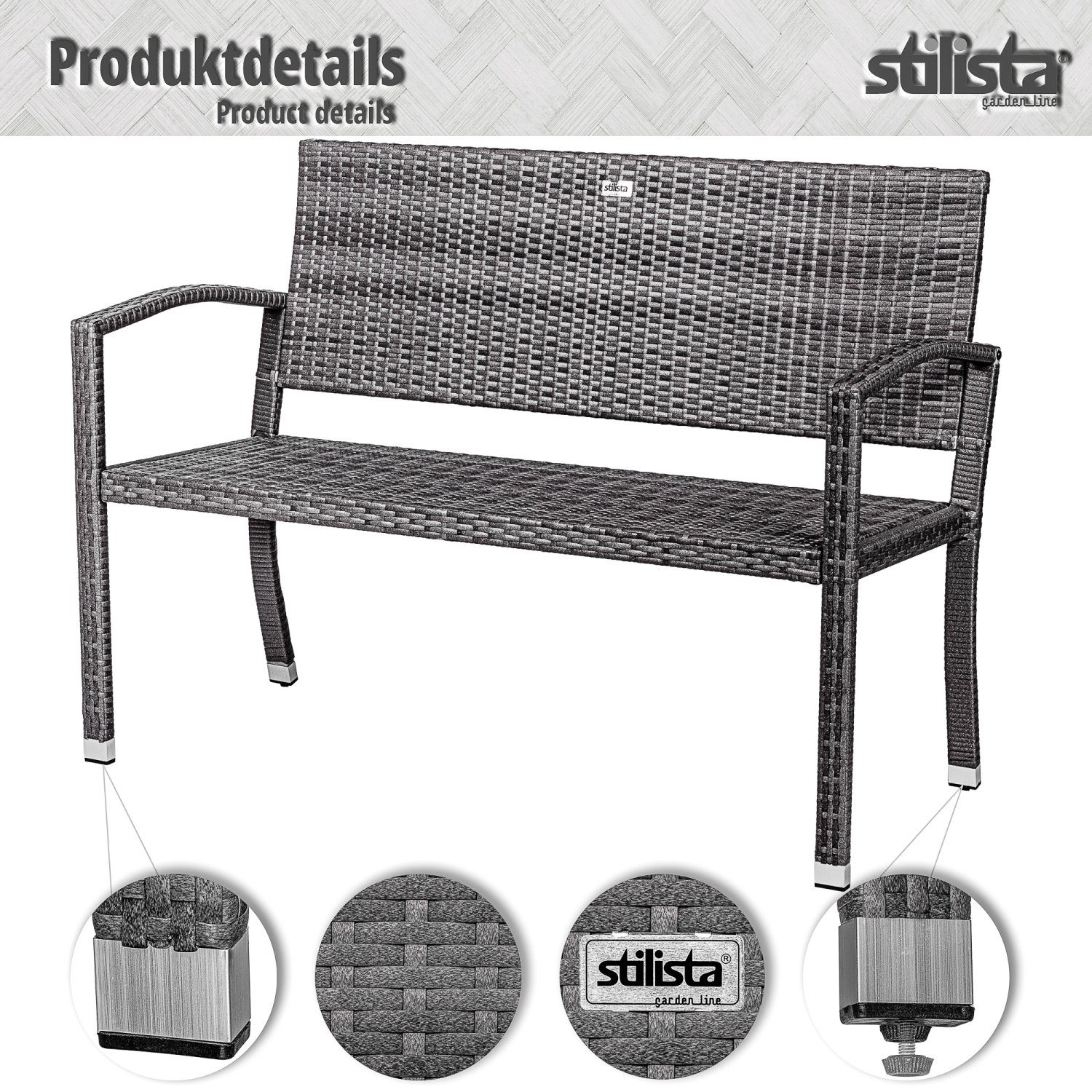 STILISTA Gartenbank 2-Sitzer Sitzbank Parkbank Rattanbank, aus UV-beständigem Polyrattan-Geflecht, 122 x 52 x 89 cm, Farbwahl