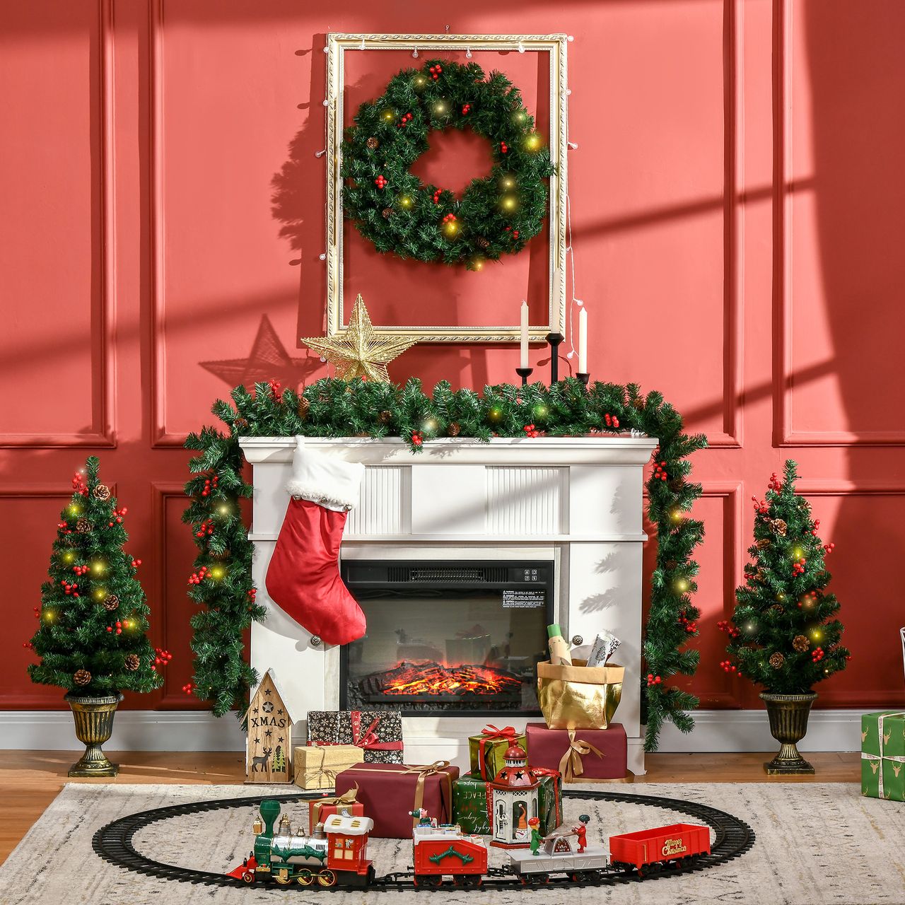 HOMCOM 4-teiliges Set Weihnachtsschmuck Haustür Deko Weihnachtsdekoration-Set mit LED-Beleuchtung inkl. 2 Weihnachtsbäume, 1 Weihnachtskranz, 1 Weihnachtsgirlande