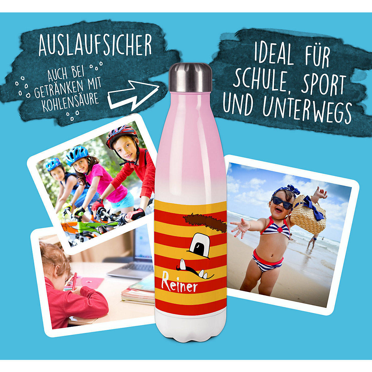 Edelstahl Kinder Thermoflasche / Trinkflasche bunt Monster Streifen Farbe rot gelb Spülmaschinenfest, Auslaufsicher, Bruchfest, Doppelwandig, Für Heißgetränke geeignet, Mit Deckel, Isoliert