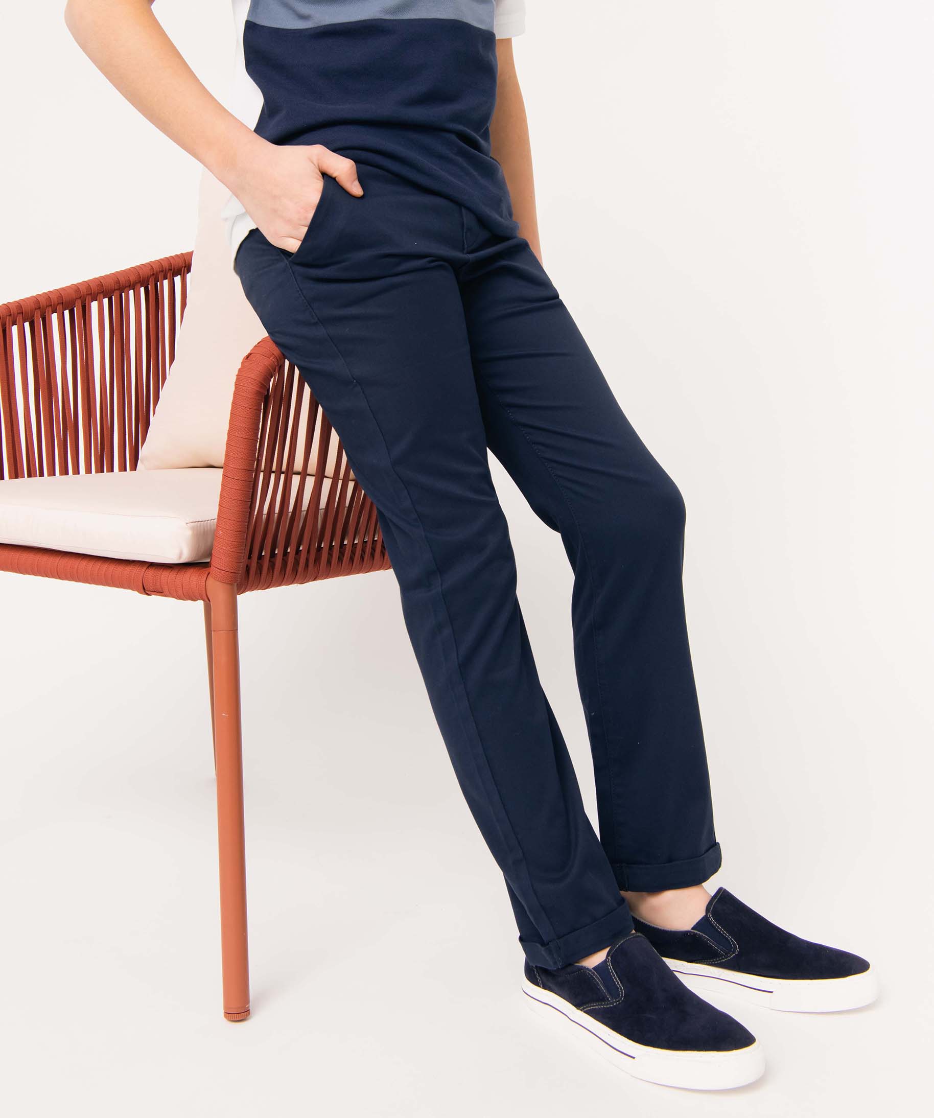 Pantalon Garçon chino uni à revers bleu fonce | GEMO