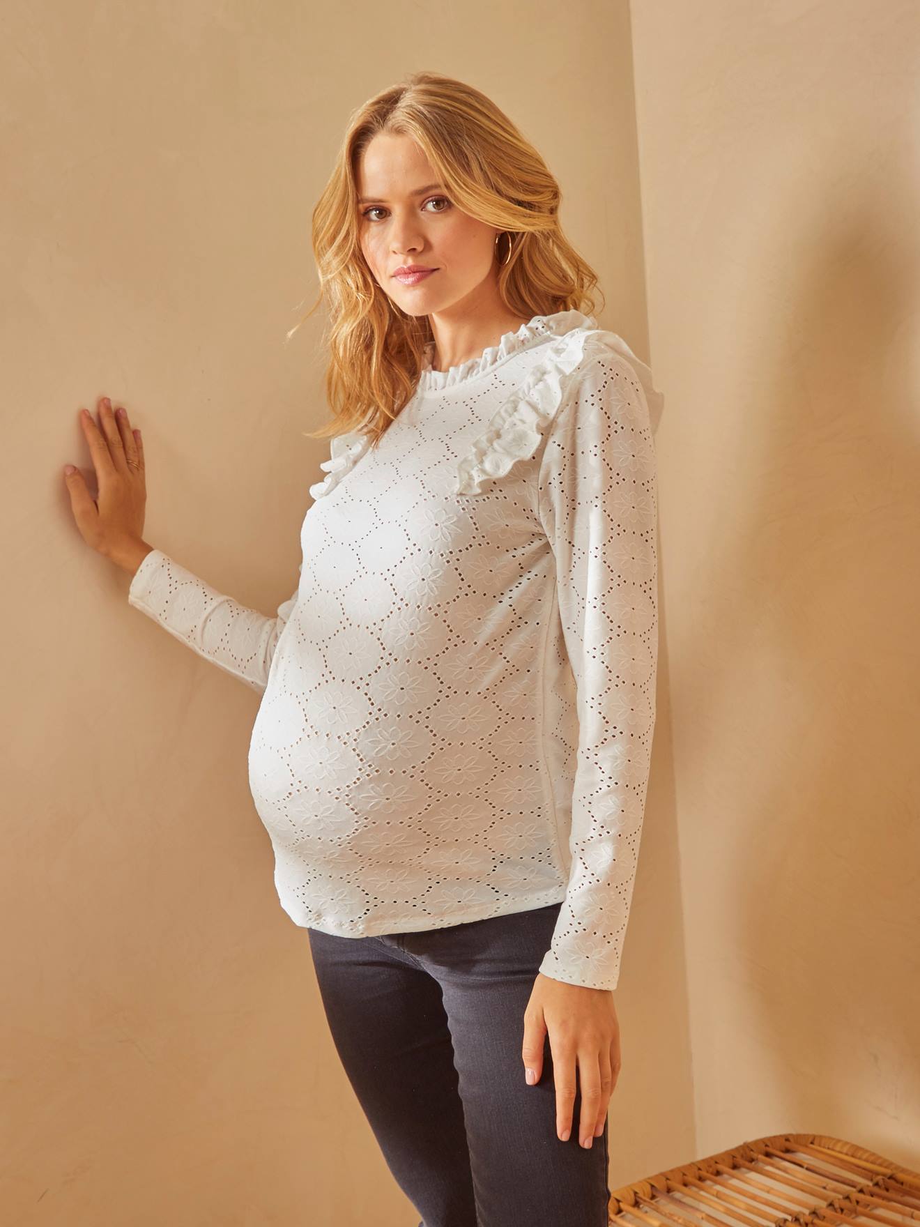 Vertbaudet Umstandsshirt mit Spitze und Volants - beige