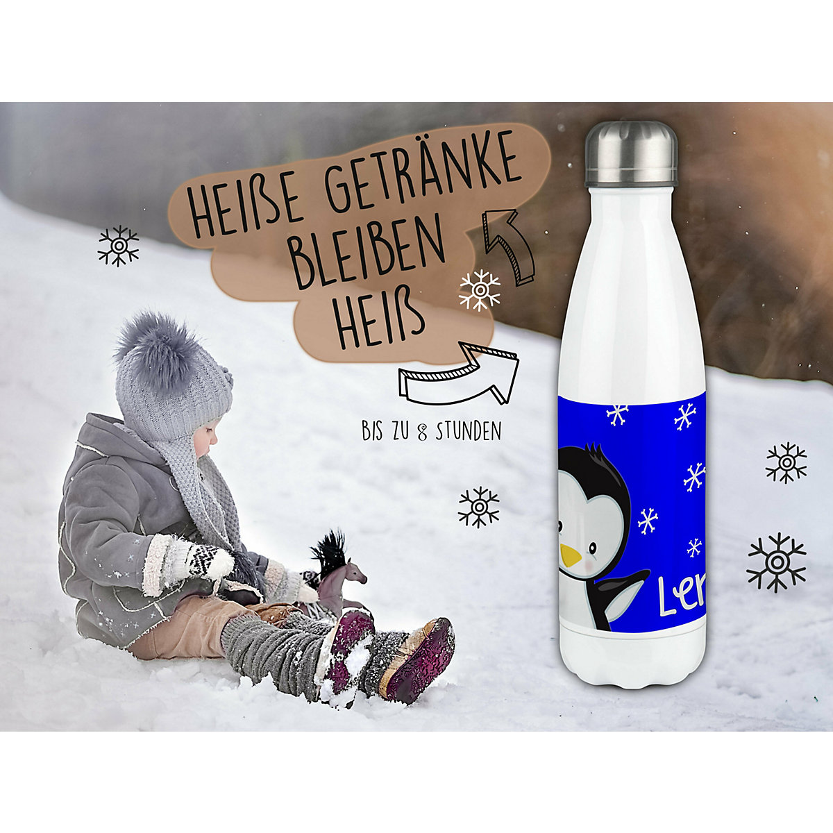 Edelstahl Kinder Thermoflasche / Trinkflasche bunt Pinguin Farbe blau Spülmaschinenfest, Auslaufsicher, Bruchfest, Doppelwandig, Für Heißgetränke geeignet, Mit Deckel, Isoliert