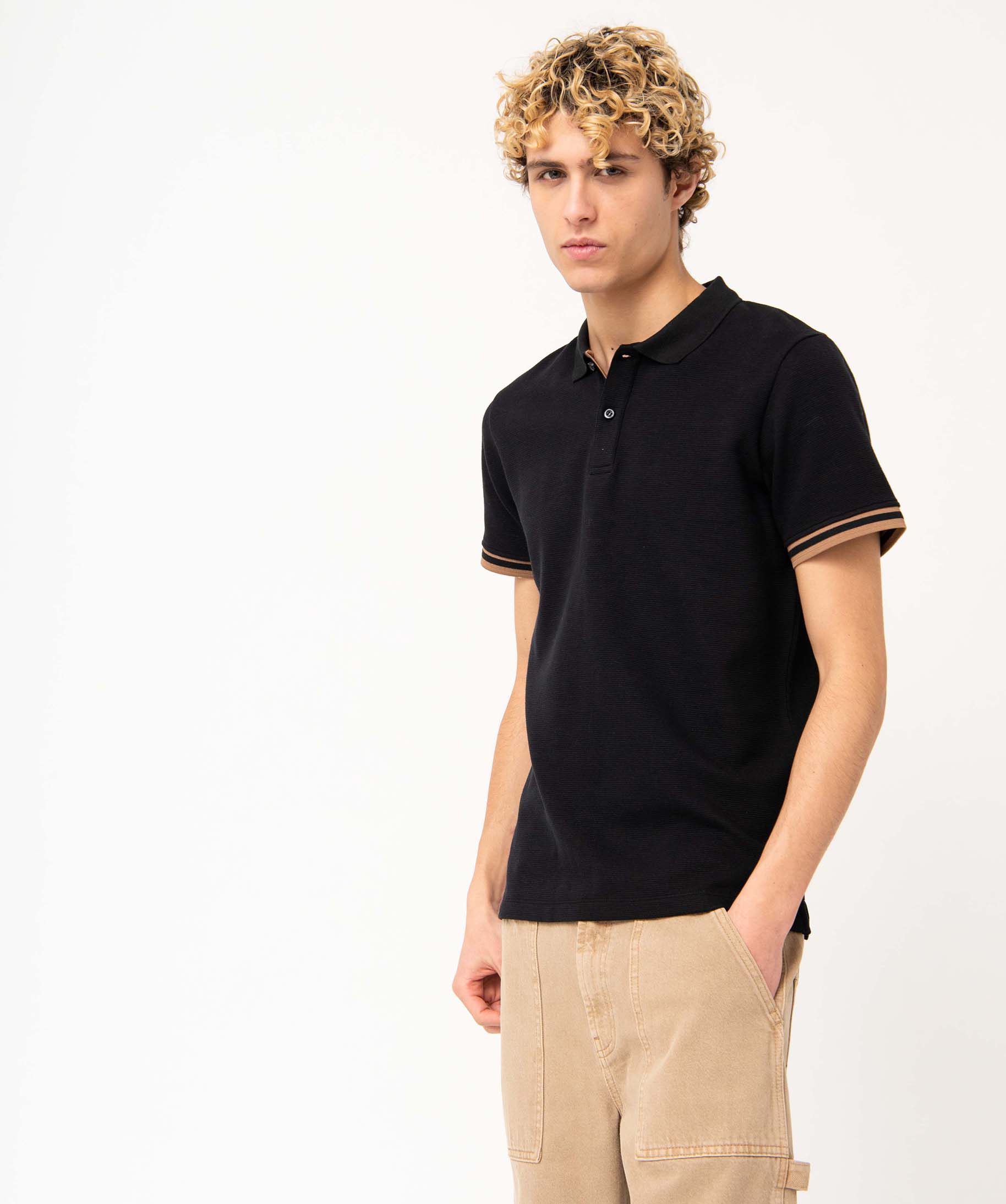 Polo homme à manches cortes en maille épaisse noir | GEMO