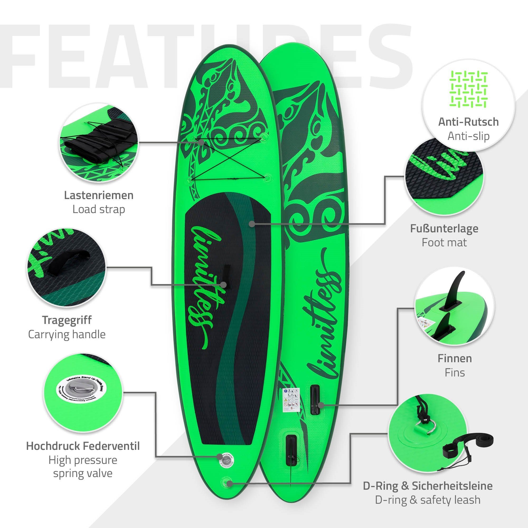 ECD Germany SUP-Board Aufblasbares Stand Up Paddle Board Limitless Surfboard, Grün 308x76x10cm PVC bis 120kg Pumpe Tragetasche Zubehör