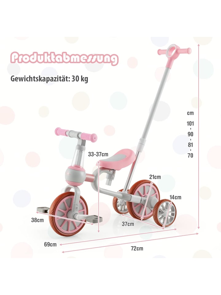 COSTWAY 4 in 1 Dreirad von 2-4 Jahren in Rosa günstig kaufen 38 cm