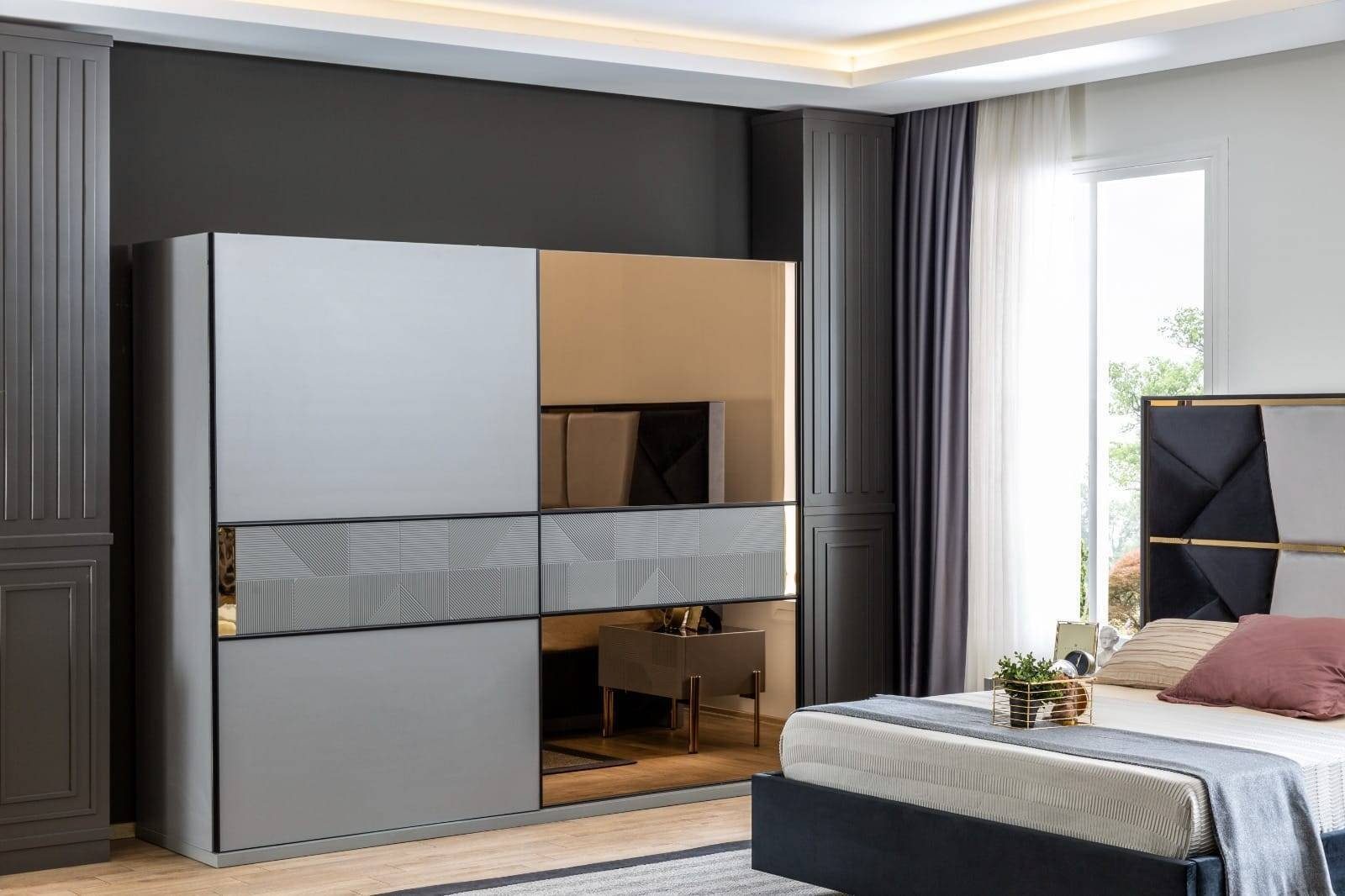 JVmoebel Schlafzimmer-Set Modernes Schlafzimmer Set Designer Bett 2x Nachttische Kleiderschrank, (4-St., 1x Bett + 2x Nachttische + 1x Kleiderschrank), Made in Europa