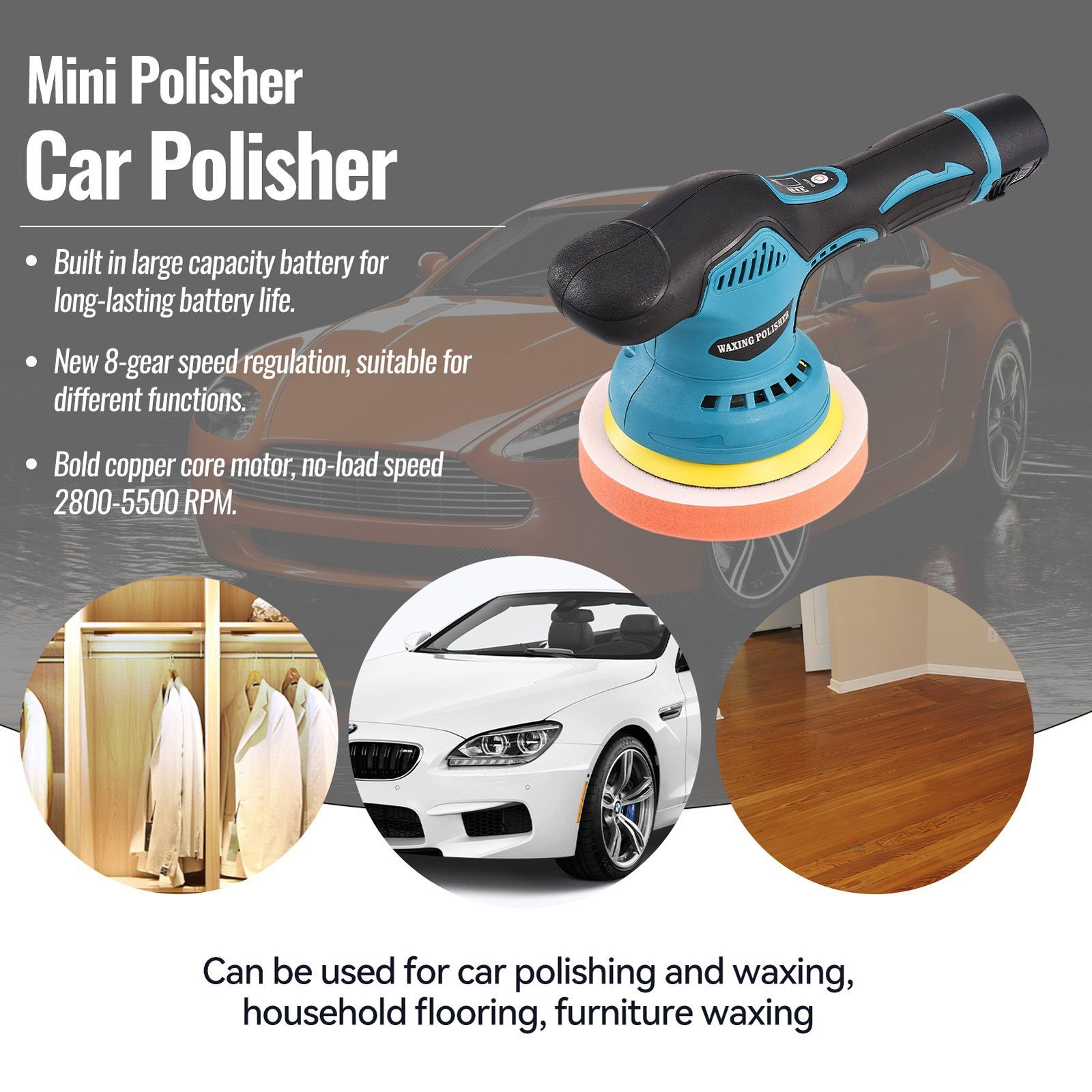 SEEZSSA Poliermaschine 12V Schnurloser, Handschleifer mit einstellbarer Geschwindigkeit, Autopoliermaschine zum Schleifen und Polieren von Autos