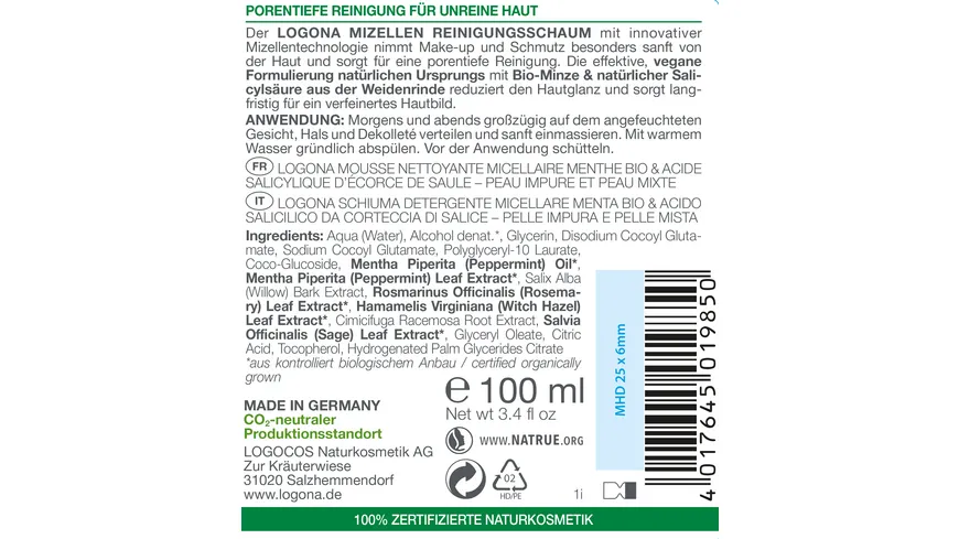 LOGONA PURIFY Mizellen Reinigungsschaum Bio-Minze & Salicylsäure aus der Weidenrinde 100 ml