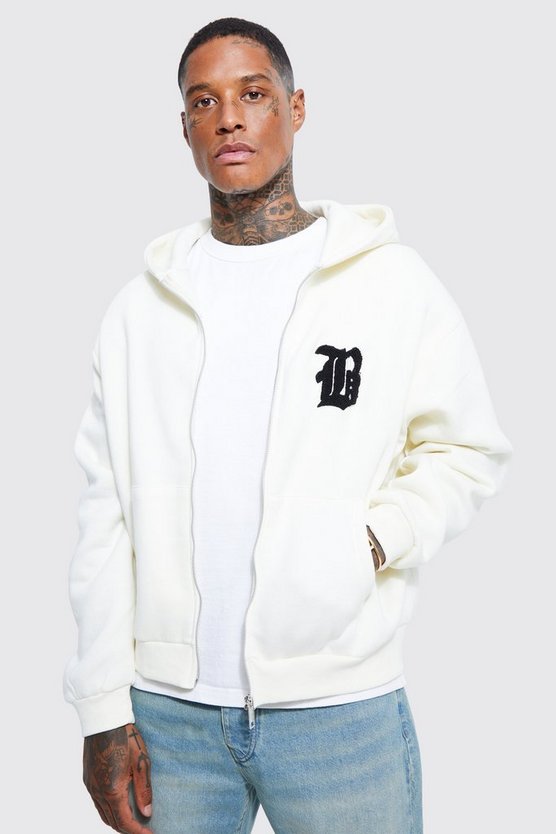 Kastiger Hoodie mit B-Applikation und Reißverschluss