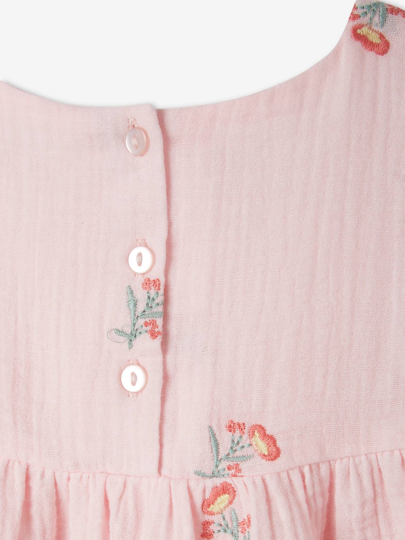 Robe brodée fleurs en gaze de coton fille rose